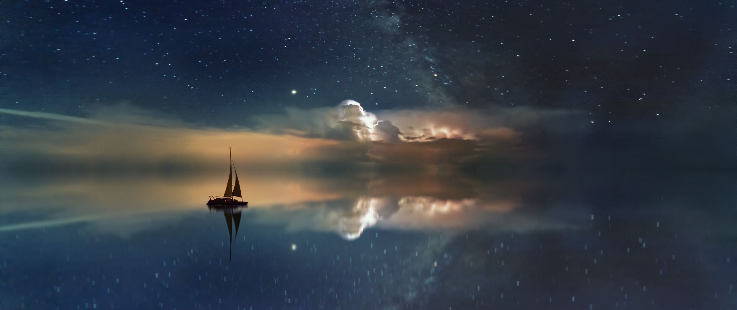 Download wallpaper 2560x1080 starry sky, boat, reflection, sail