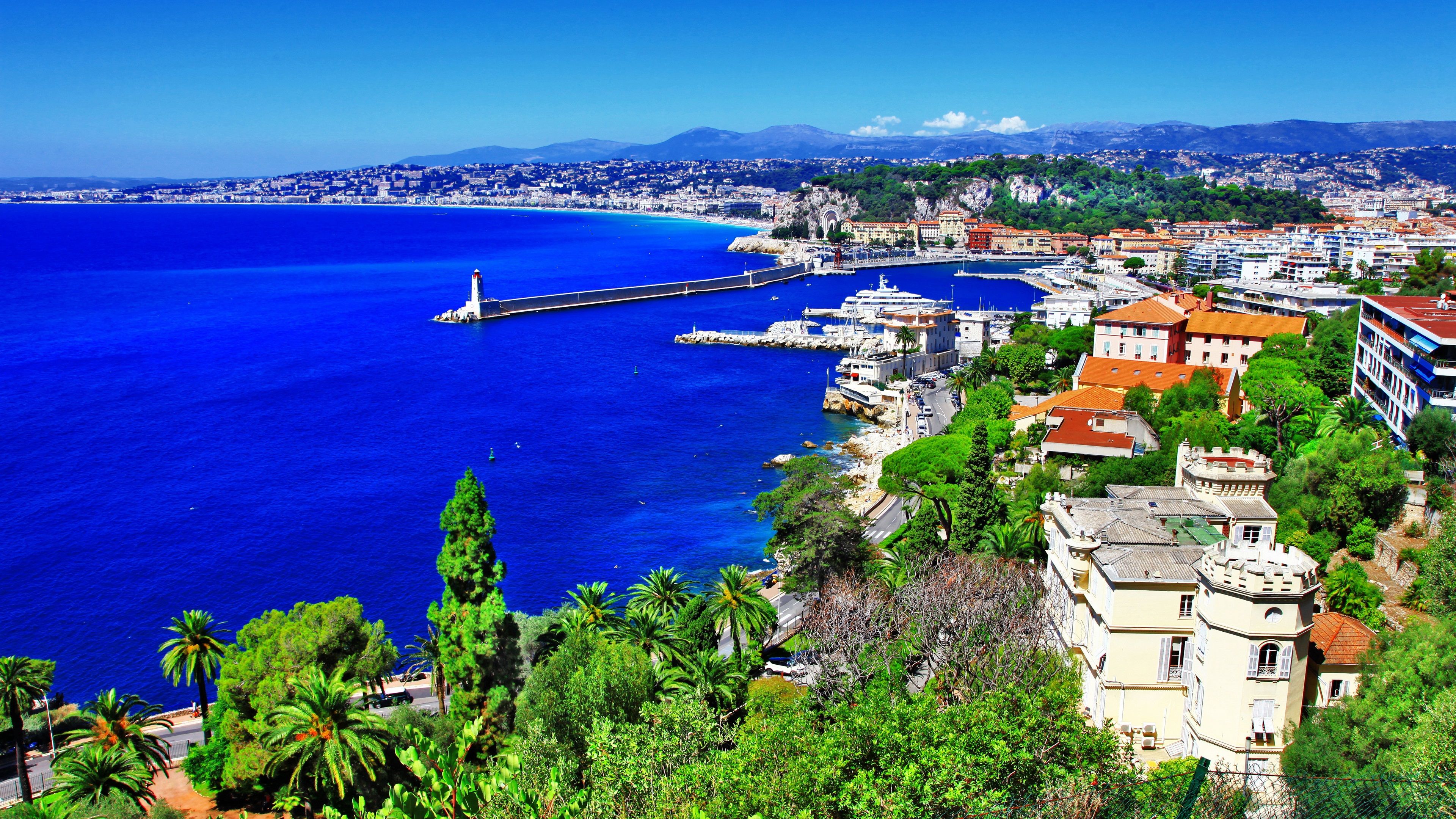 Wallpaper France, Nice, city, trees, mountains, sea, lighthouse