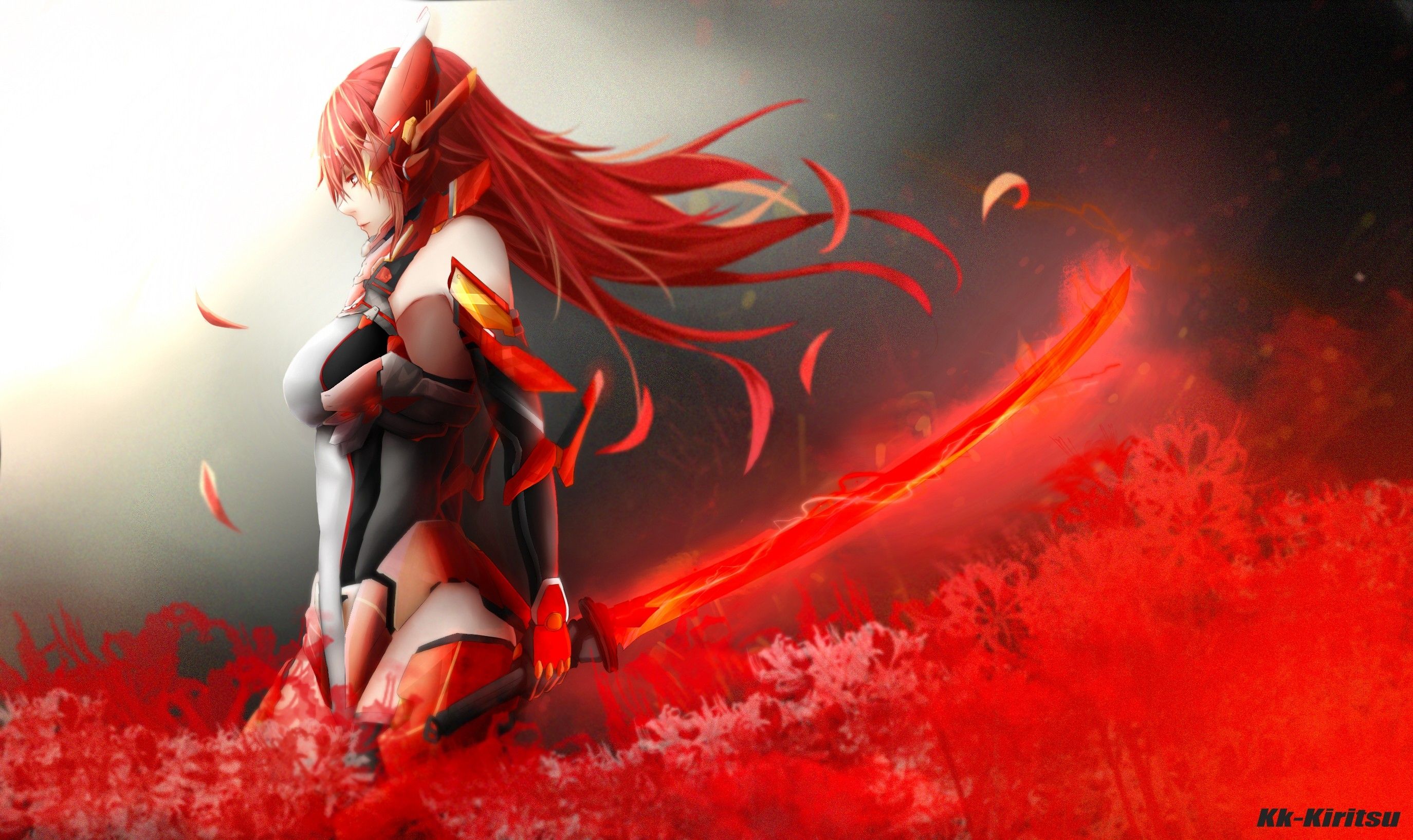 Download 2749x1635 Anime Girl, Redhead, Bodysuit, Fiery Sword, Sci Fi Wallpaper