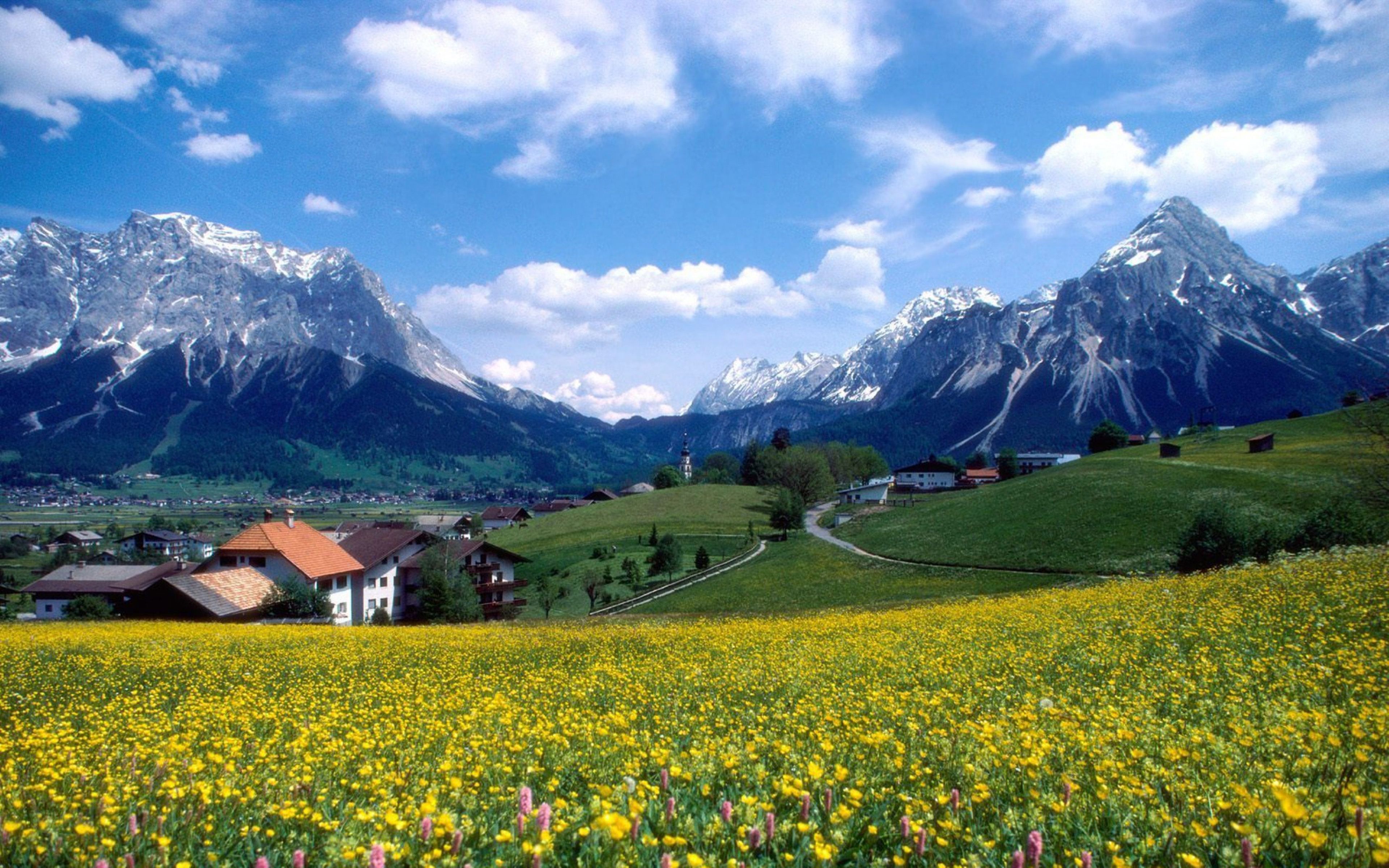 Landscape Spring Mountain Village With Snow Mountains Meadow Flowers Sky HD Wallpaper, Wallpaper13.com