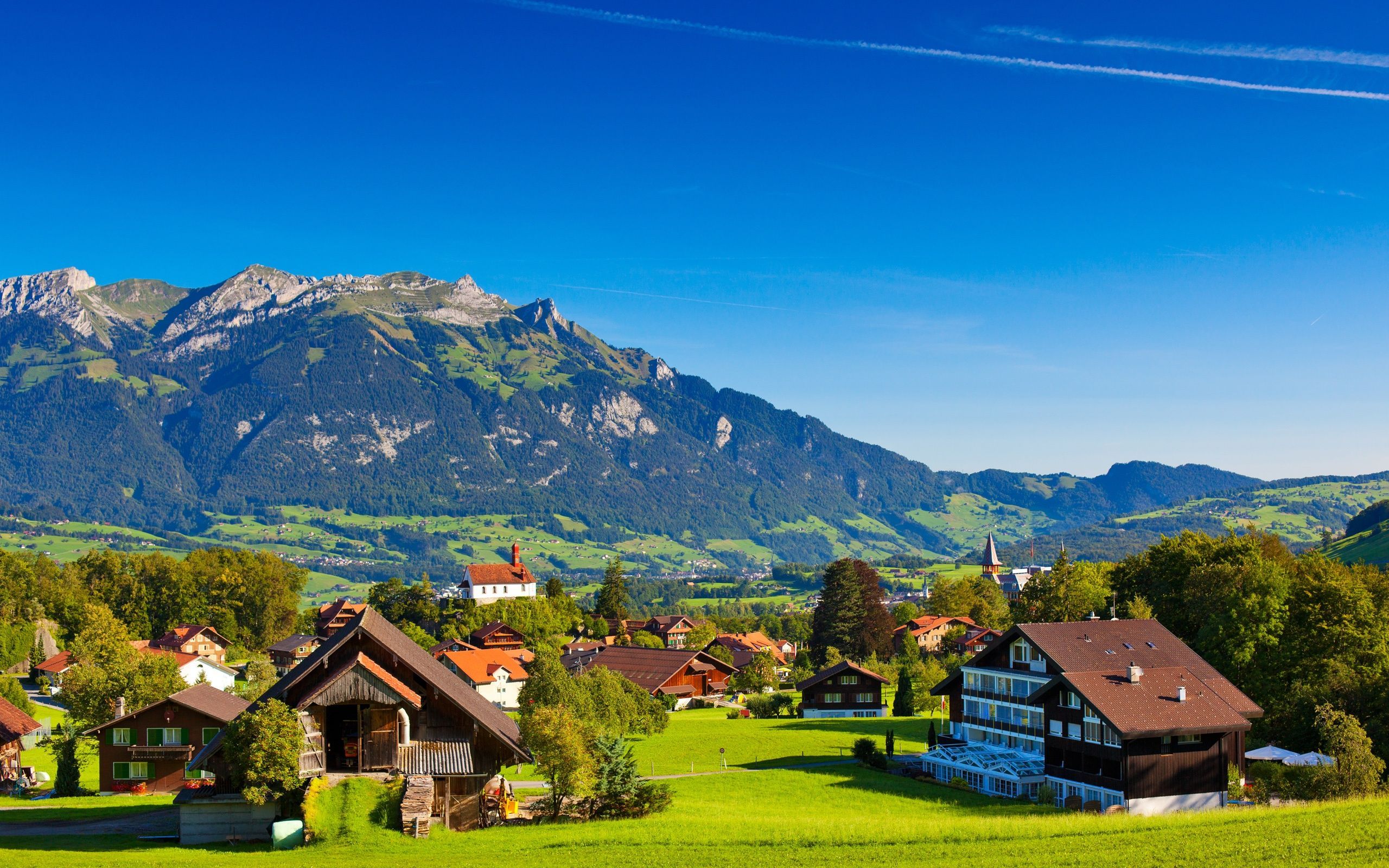 Switzerland, Alps, mountains, summer, nature, greenery, houses