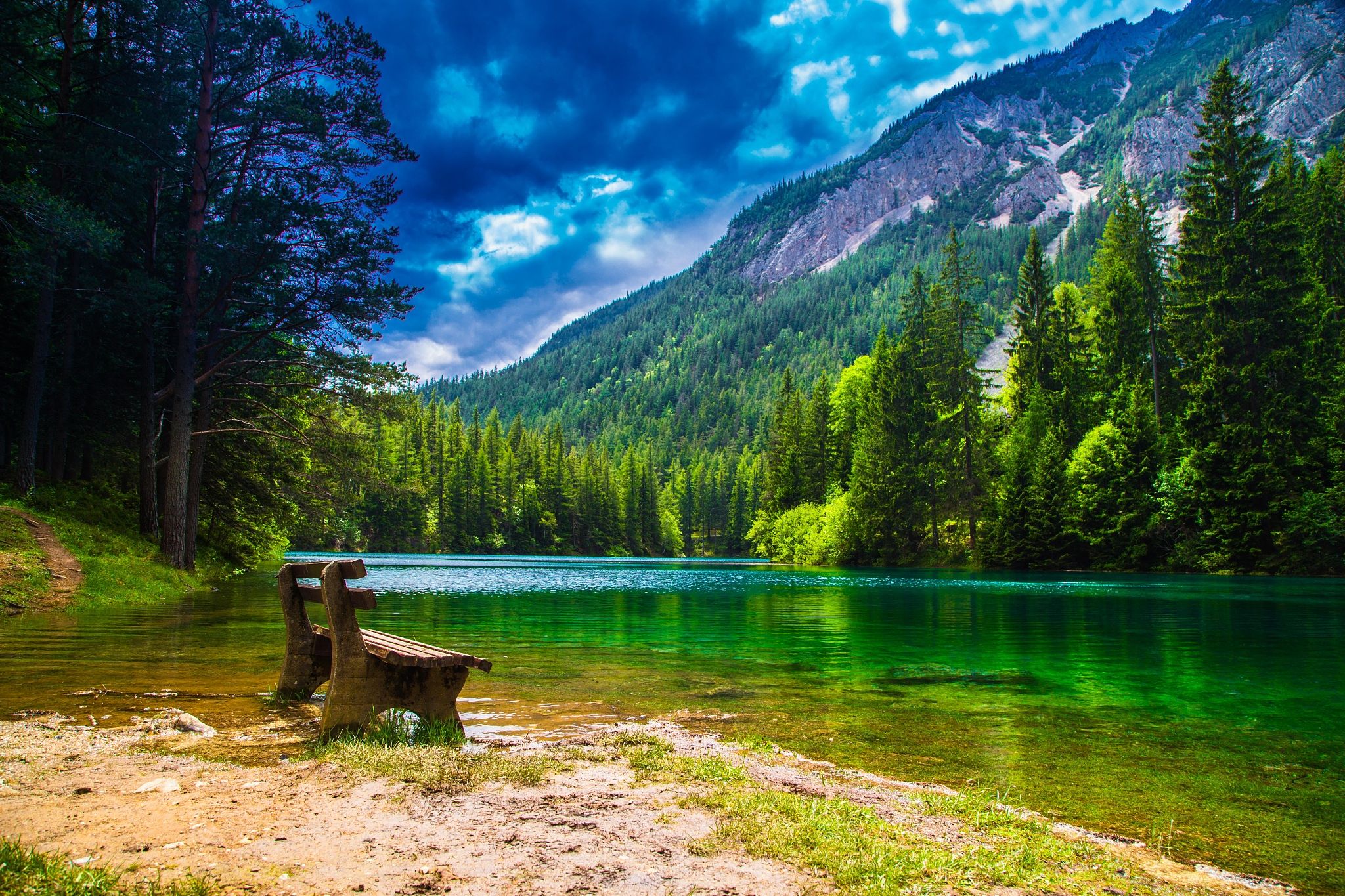 bench, lakes, Alps, summer, Austria, clouds, mountains, beautiful