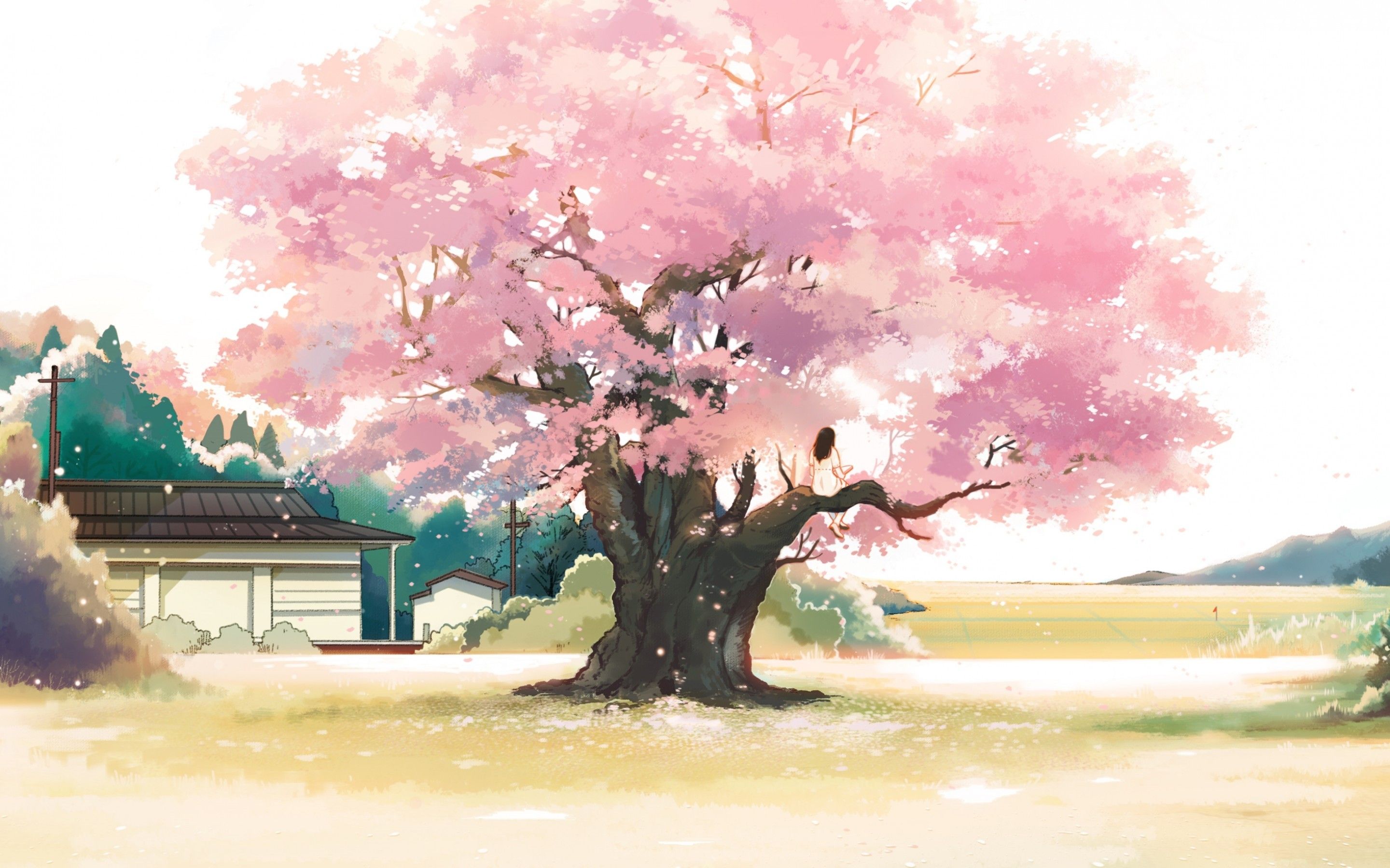 Anime-style drawing of pink cherry blossom trees on Craiyon