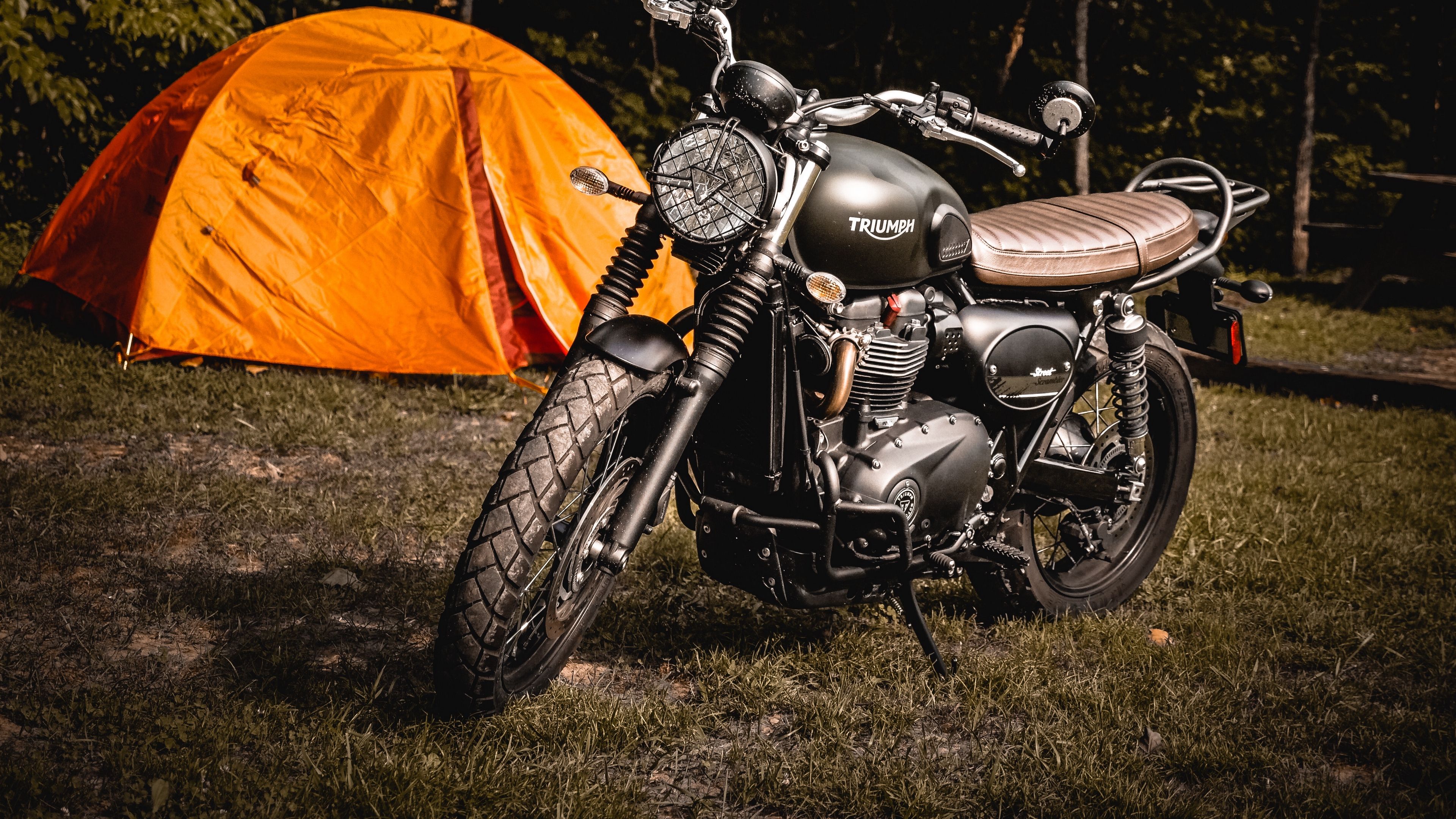 Wallpaper 4k motorcycle, tent, grass 4k Grass, Motorcycle, tent