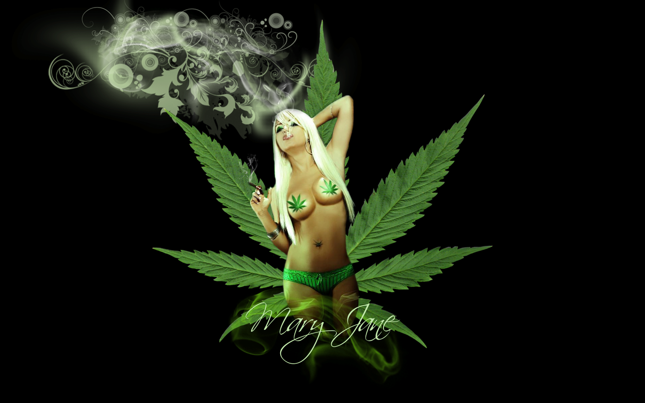 Marijuana Ganja Girl Sitting on Pot Leaf