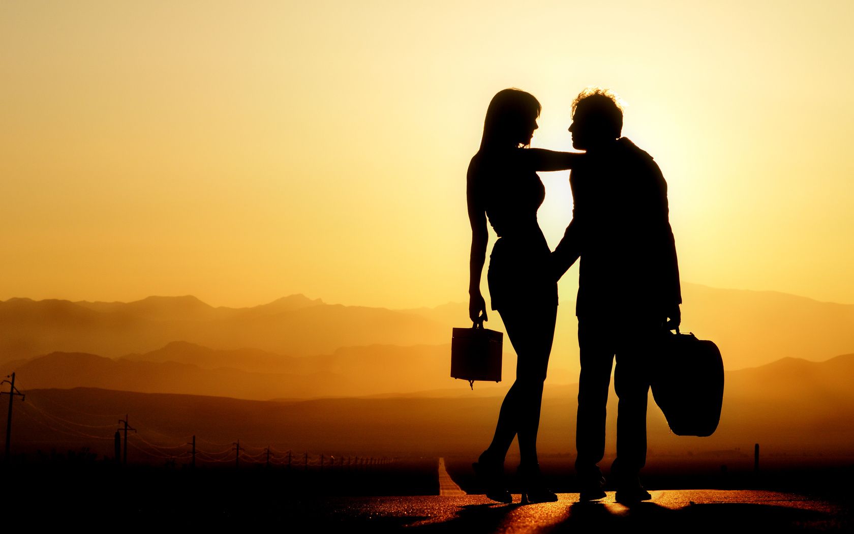 Wallpaper man, woman, love, romantic, sunset, silhouette desktop