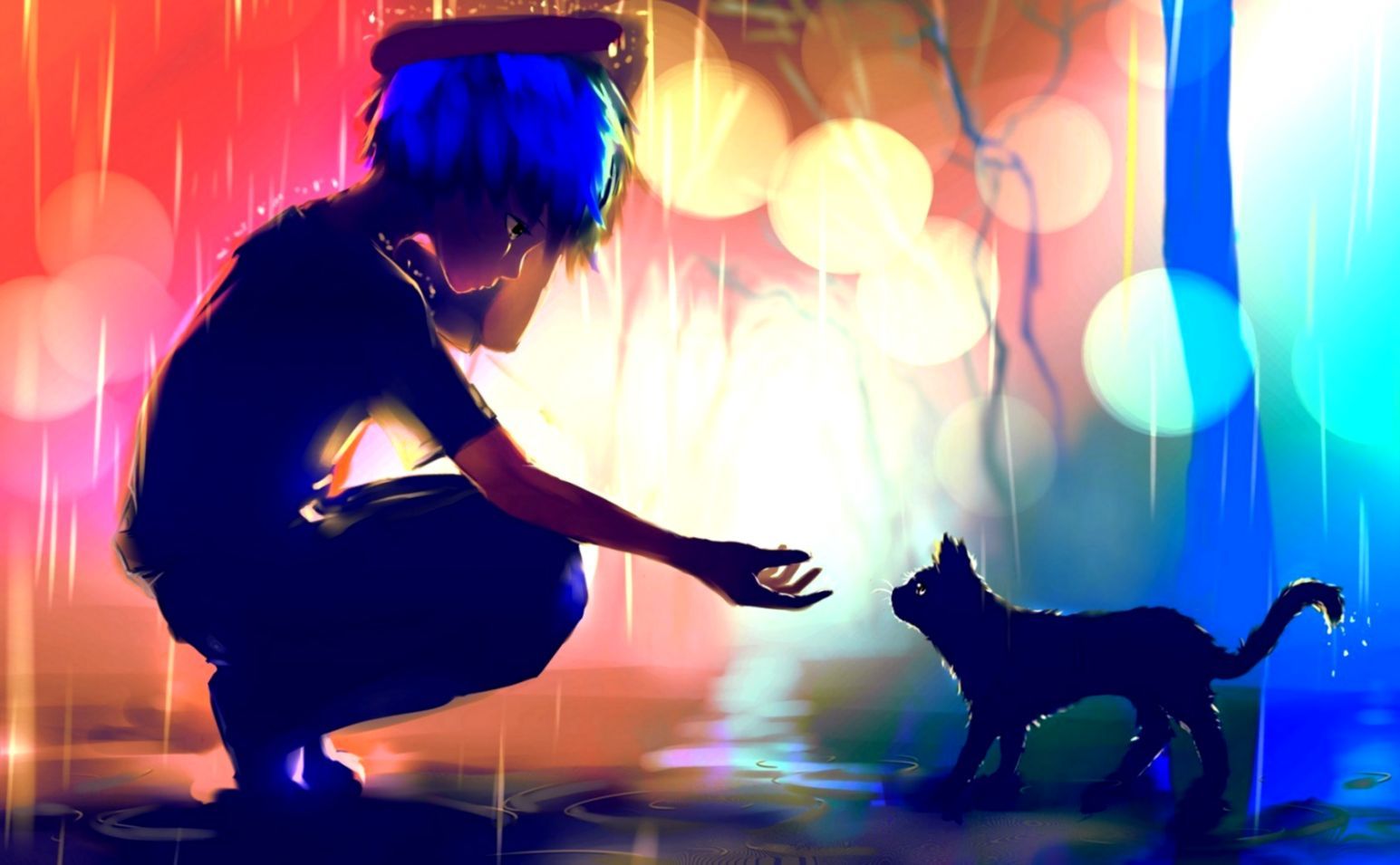 Art Boy Cat Rain Anime HD Wallpaper