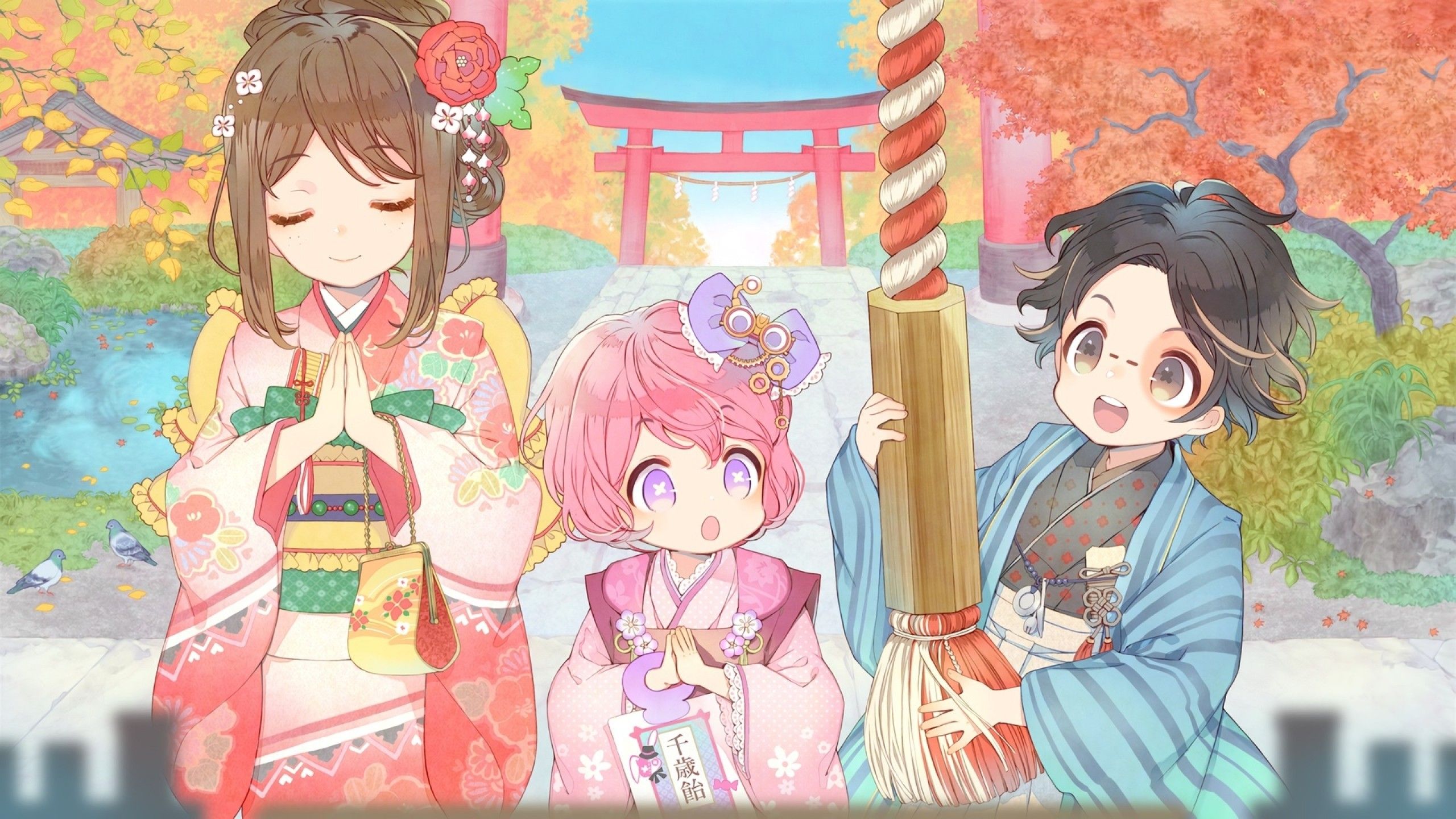 Download 2560x1440 Cute Anime Girls, Praying, Shrine, Kimono