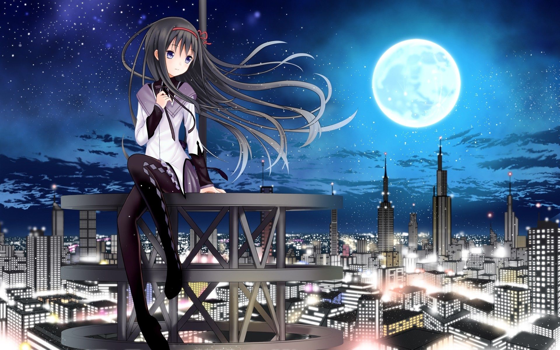 Wallpaper Anime girl sit on roof, city, skyscrapers, night, moon