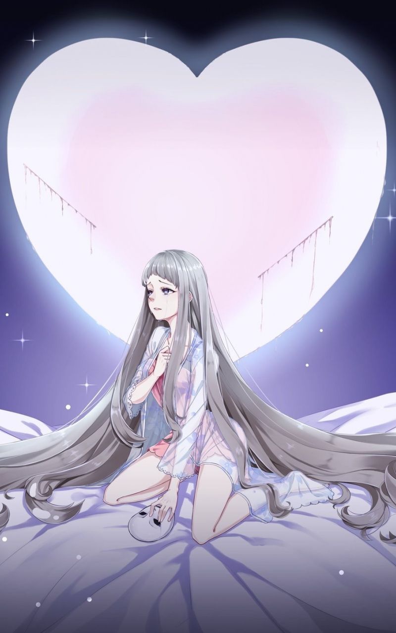 Download 800x1280 wallpaper anime, girl, moon, crying, long hair