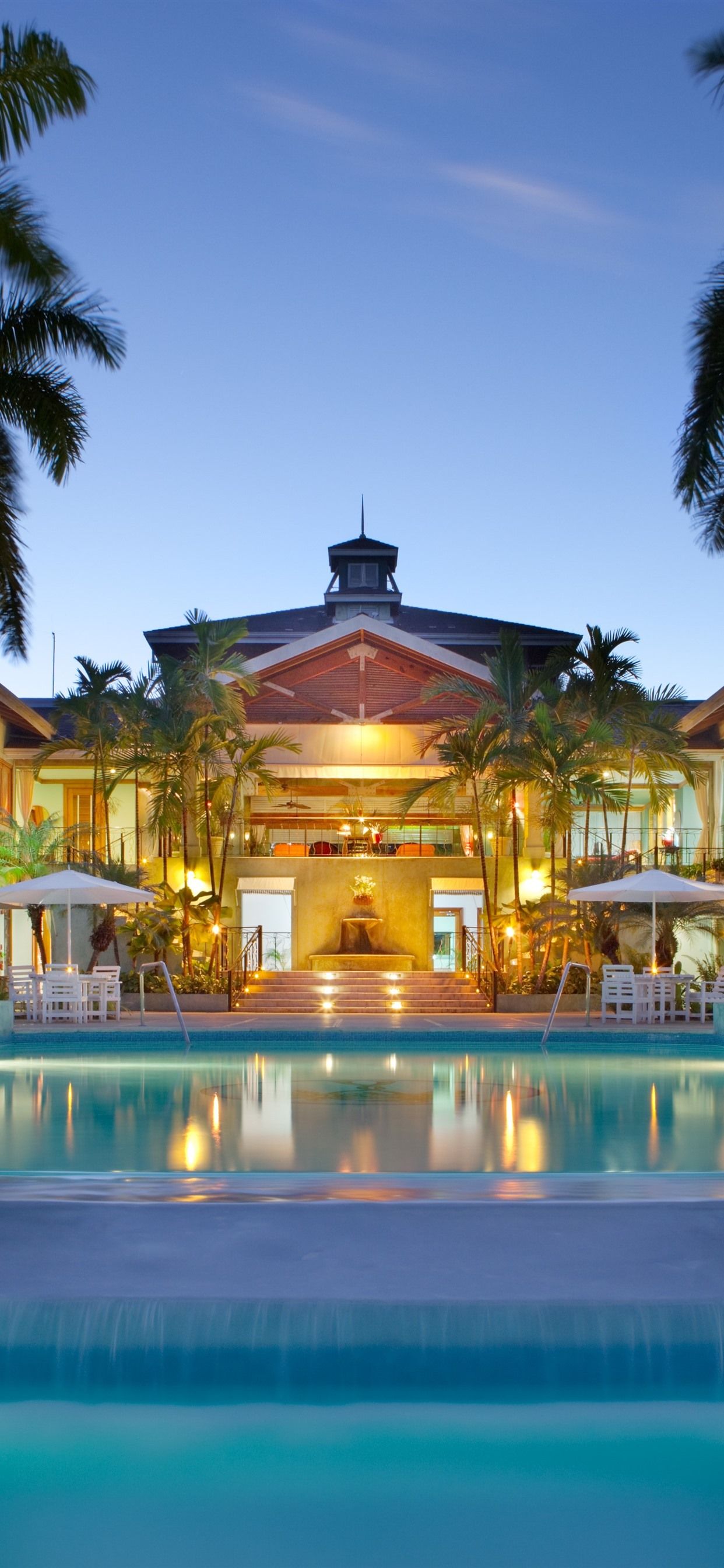 Maldives, villa, swim pool, palm trees, night, lights 1242x2688