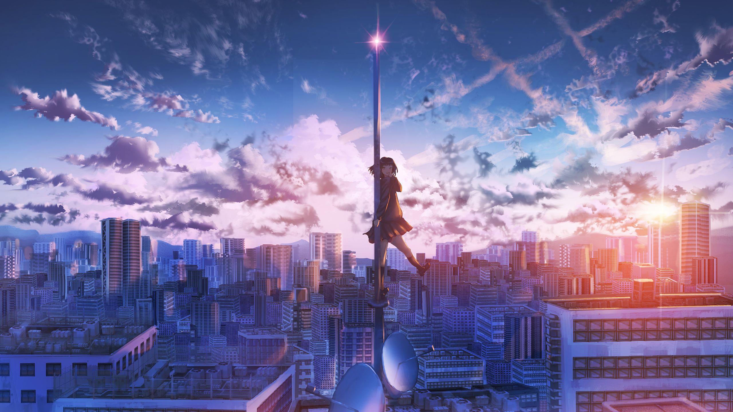 Anime Girl City Building Height 4k 1440P Resolution HD