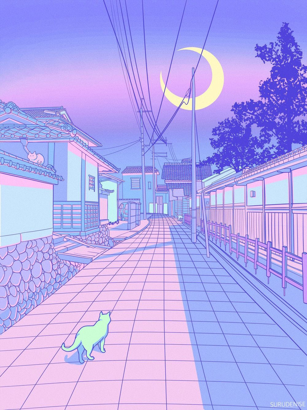 Pastel Japan, Cats and Alleyways Illustrations. Pastel aesthetic