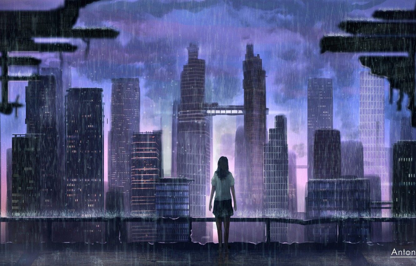 Wallpaper Girl, The city, Rain, Fantasy, Art, Concept Art
