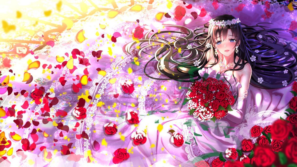 Anime girl black hair blue eyes blush crying dress flower gloves happy jewelry long hair wedding My Teen Romantic Comedy SNAFU wallpaperx1080