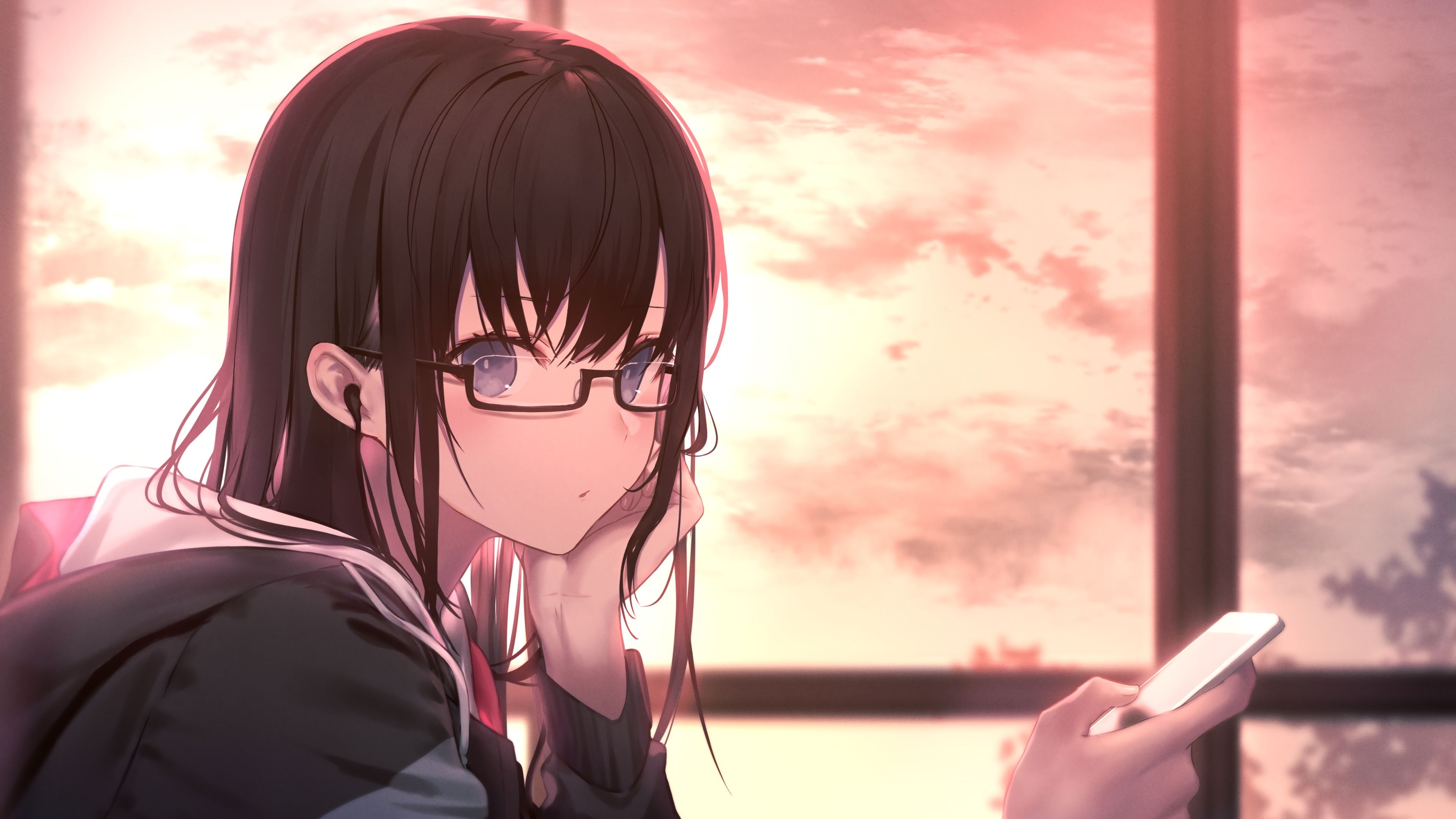 Anime Girl in Glasses with Student Uniform Wallpaper 4k Ultra HD
