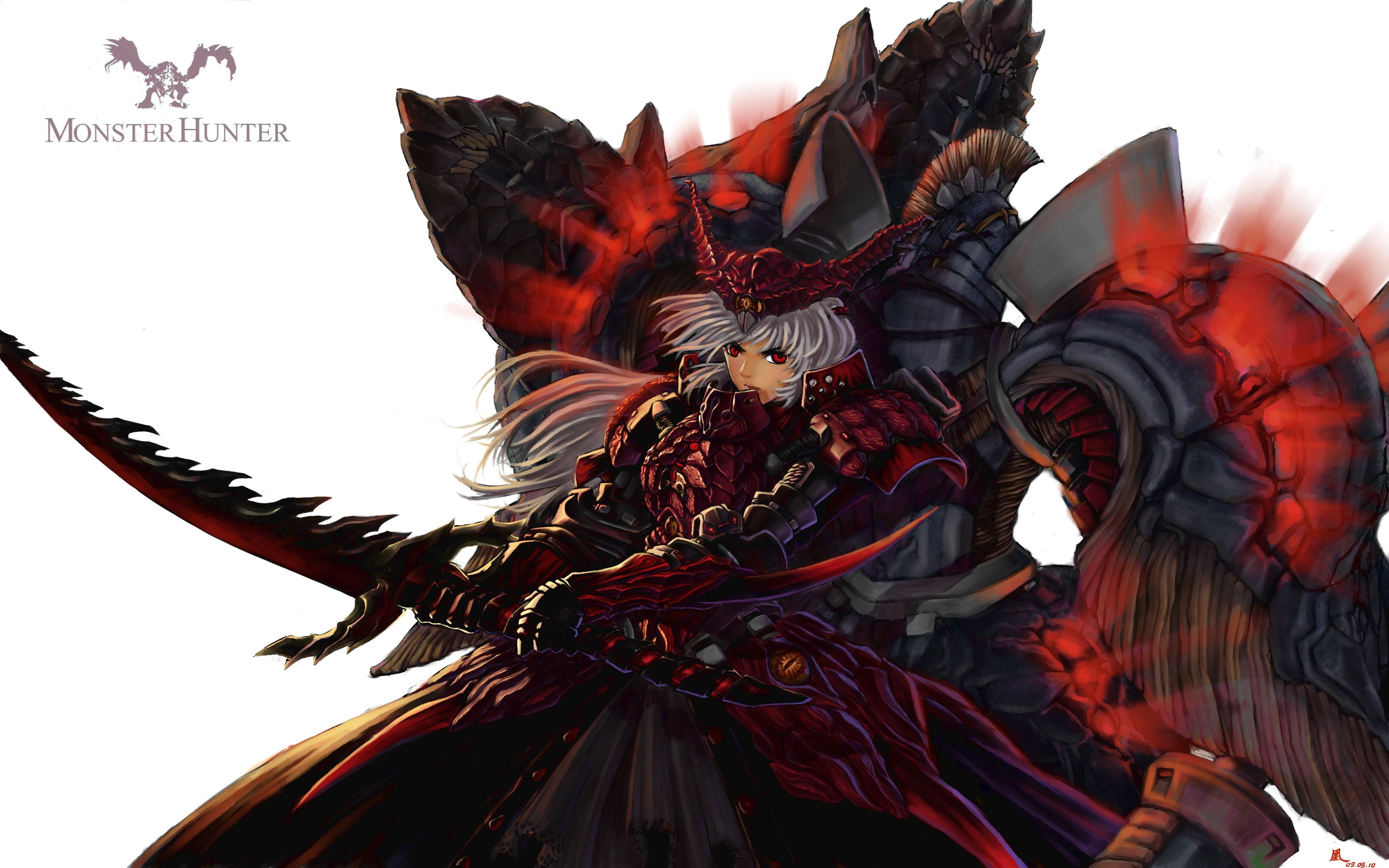 Fantasy video games weapons monster hunter armor red eyes artwork