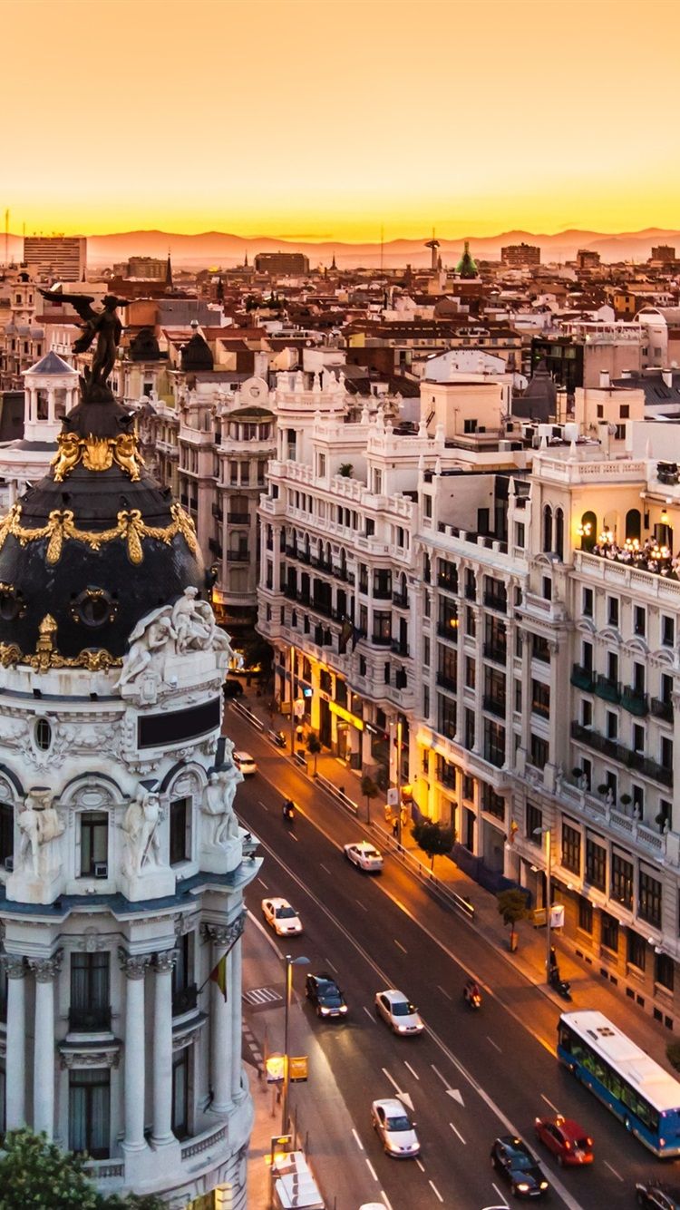 Spain, Madrid, buildings, road, city night, lights 750x1334 iPhone