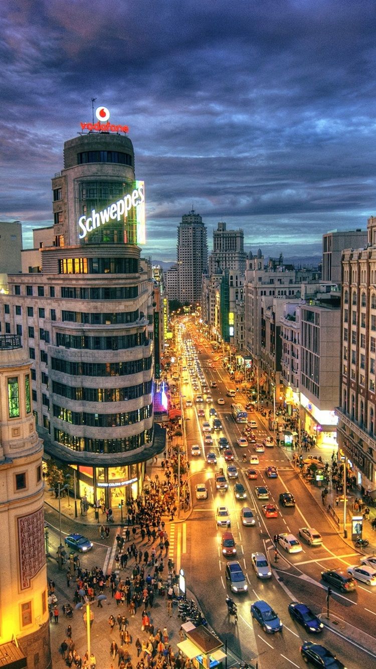 Spain, Madrid, city street, road, buildings, night, lights