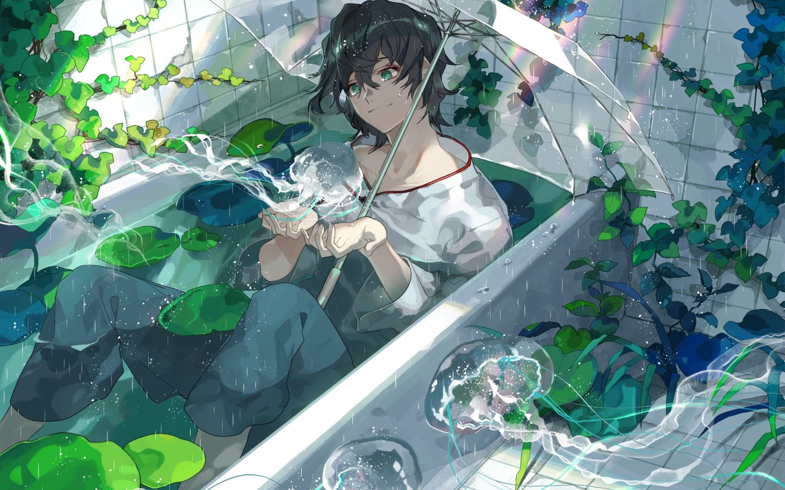 Download 2560x1600 Anime Boy, Bathtub, Green Leaves, Jellyfish