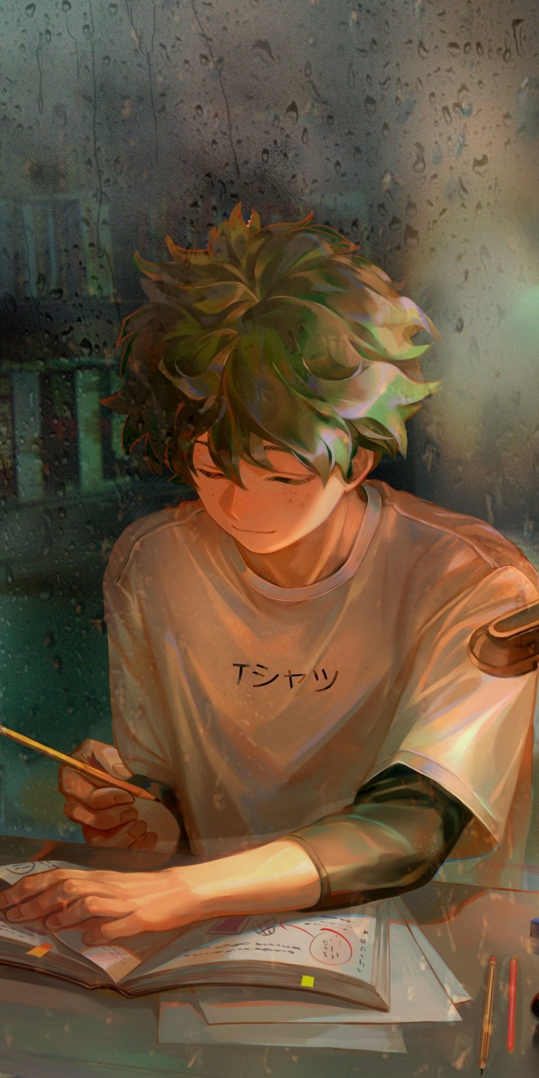 Homework, green hair, anime boy, art, Izuku Midoriya, 1080x2160