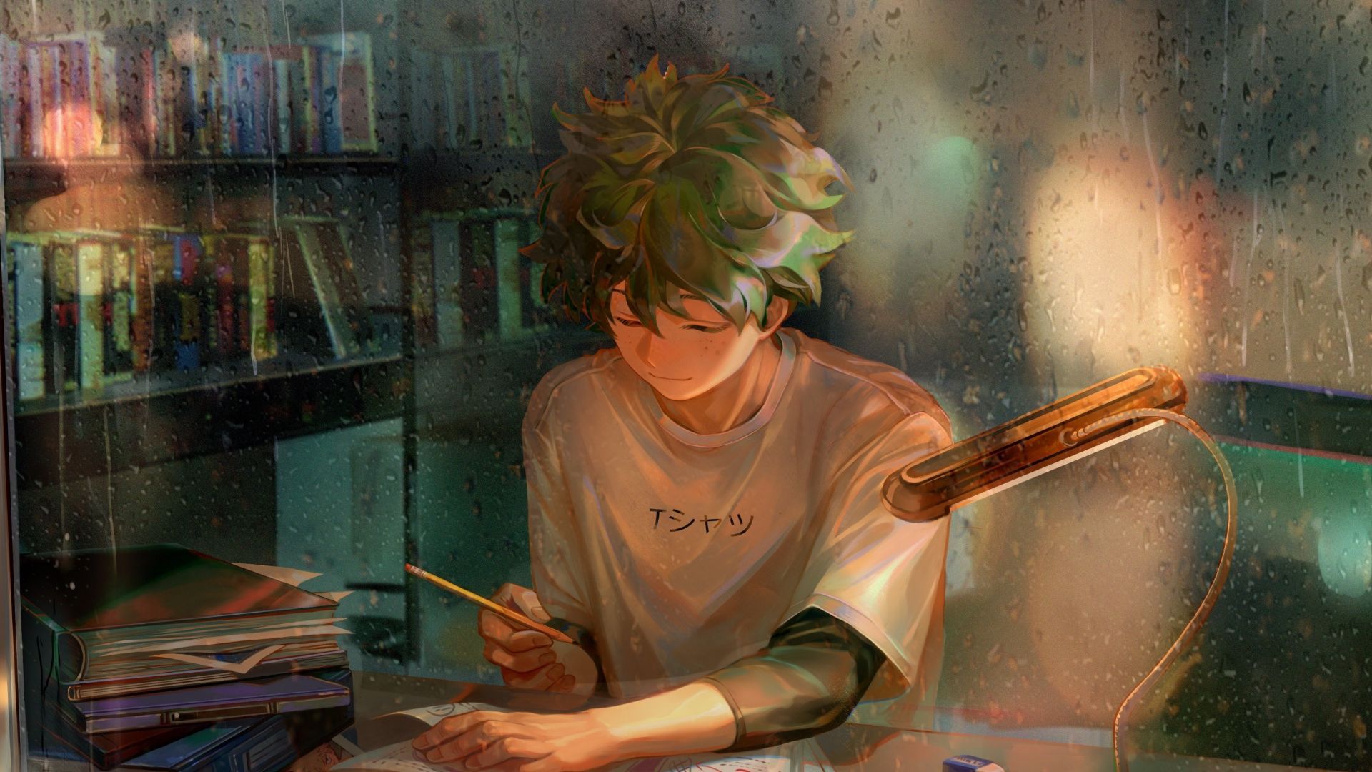 Desktop wallpaper homework, green hair, anime boy, art, izuku