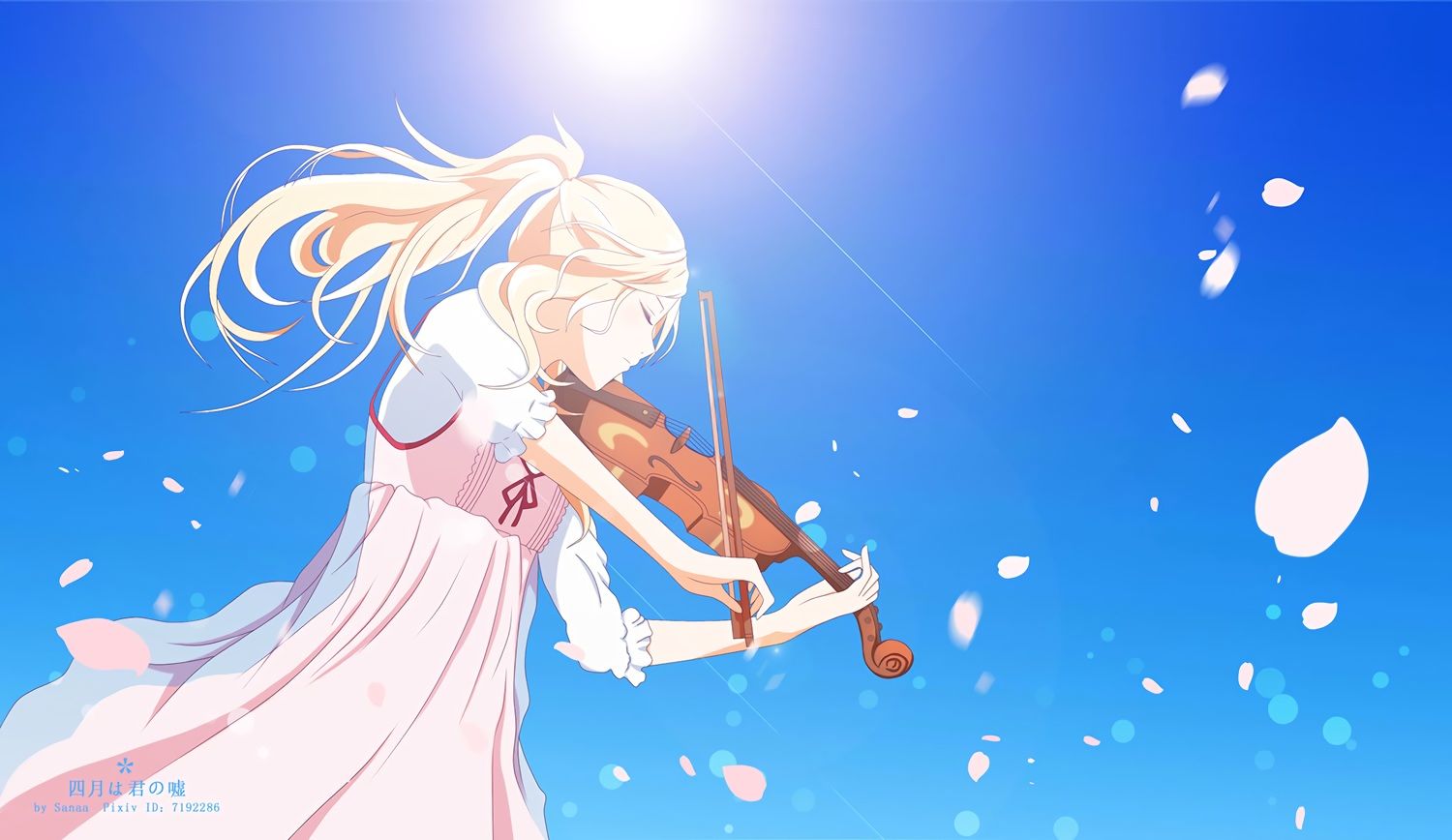 blonde hair cherry blossoms dress flowers instrument miyazono