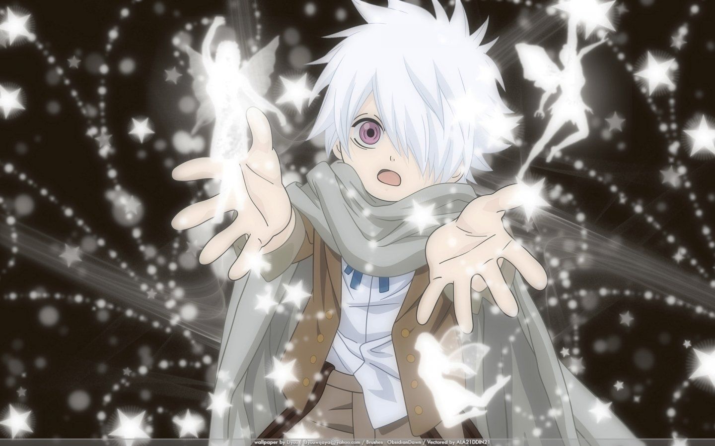 Fairies anime anime boys scarfs white hair purple eyes Tegami