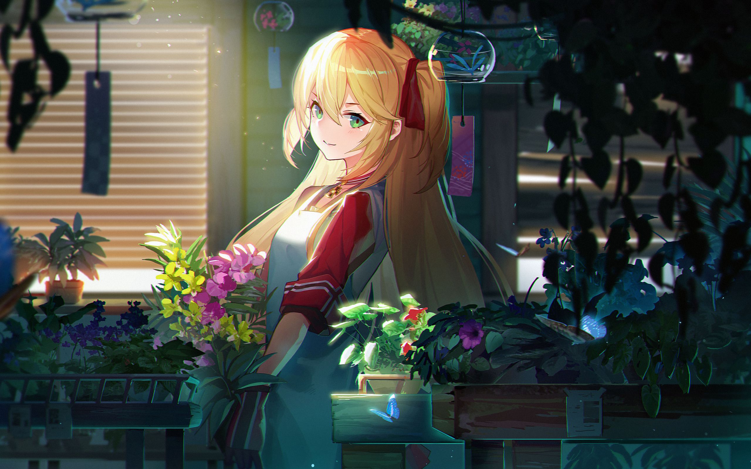 Anime Flowers Blonde Twintails Girl 2560x1600 Resolution