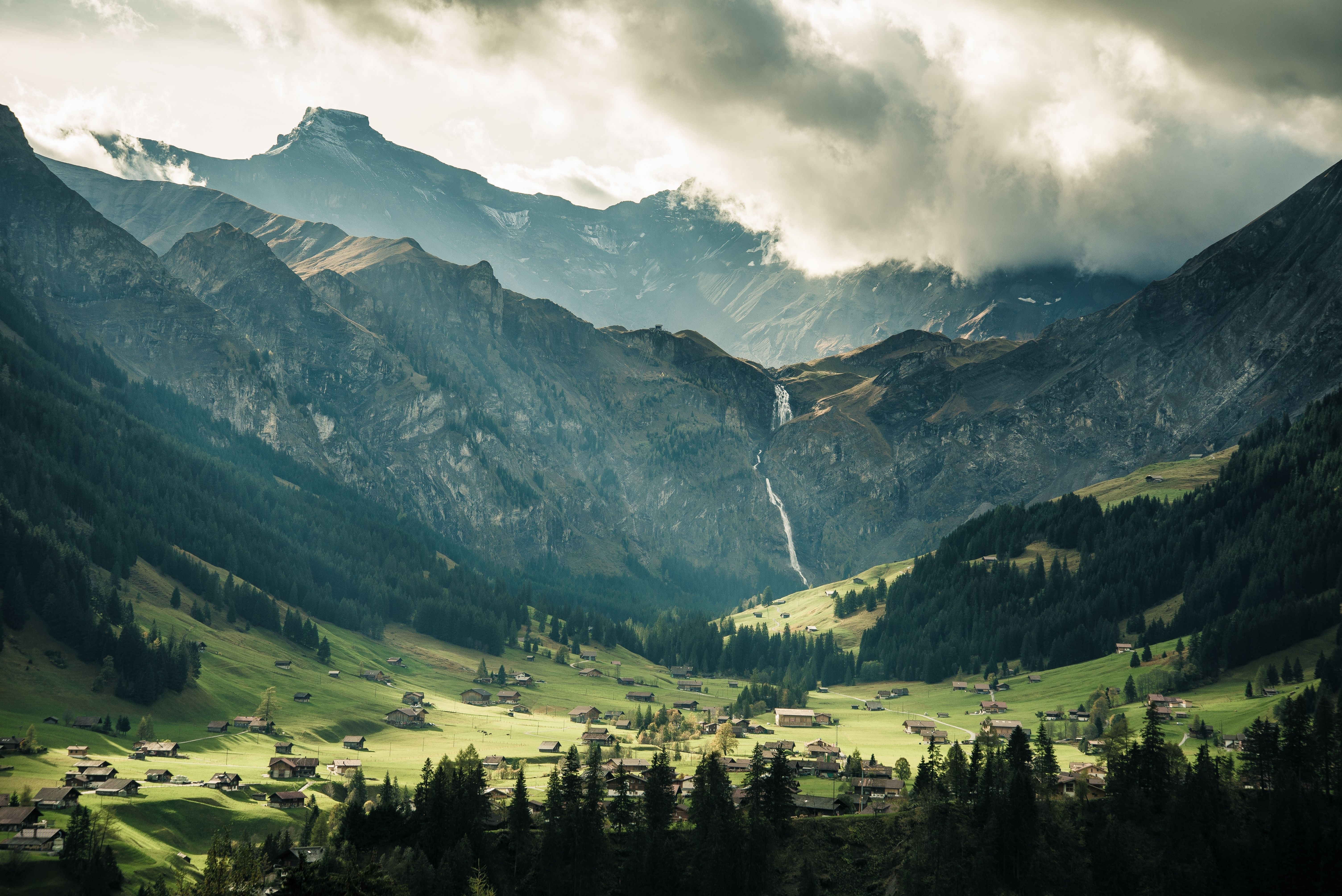 Black Cloudy Gray Green Landscapes Mountains Trees 4K wallpaper