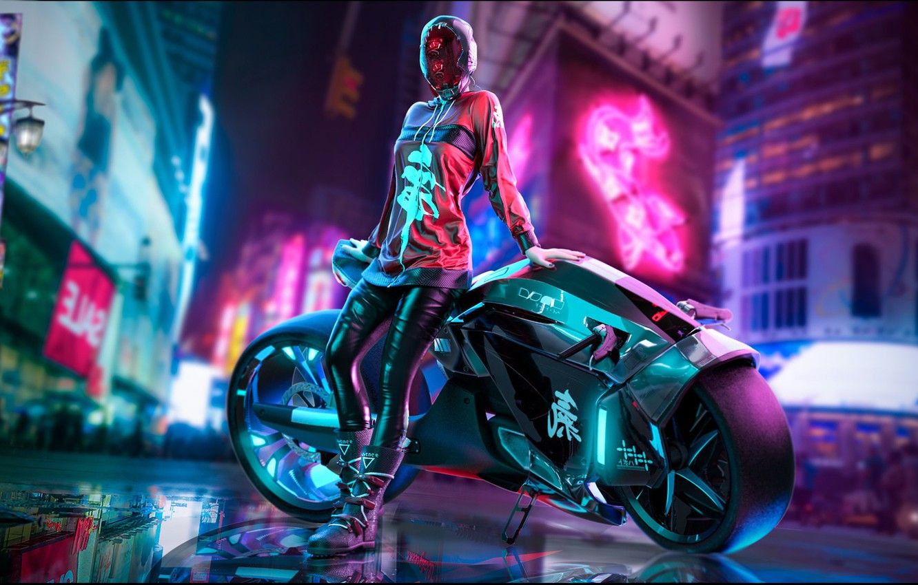 Wallpaper Girl, The city, Neon, Motorcycle, Art, Cyberpunk