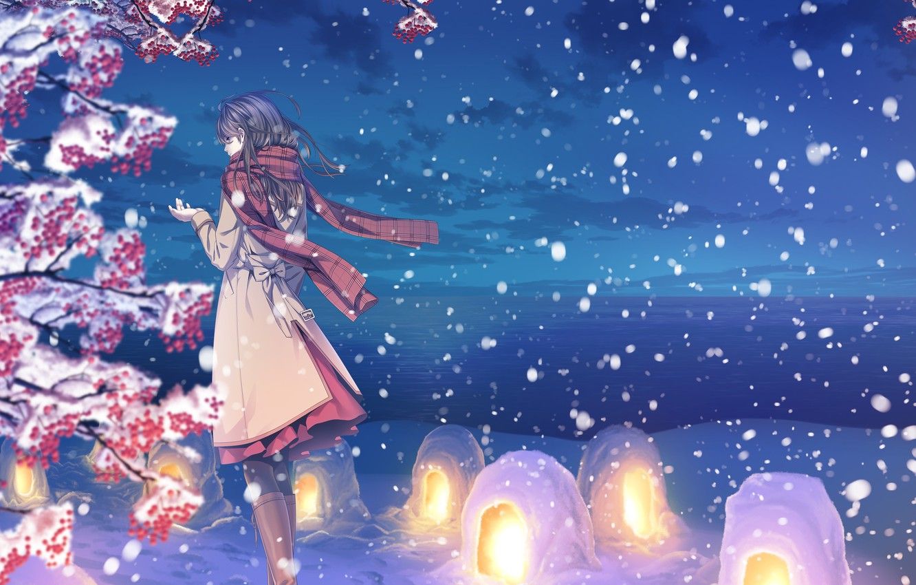 Wallpaper winter, the sky, girl, clouds, snow, nature, anime, scarf, art, lanterns, yuca image for desktop, section сёдзё