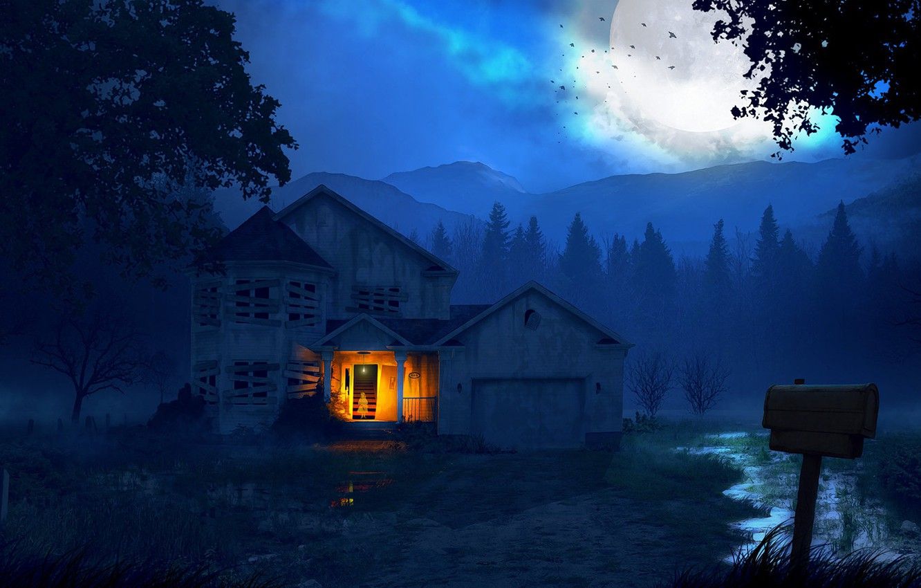 Wallpaper forest, mountains, night, house, The house and the ghost