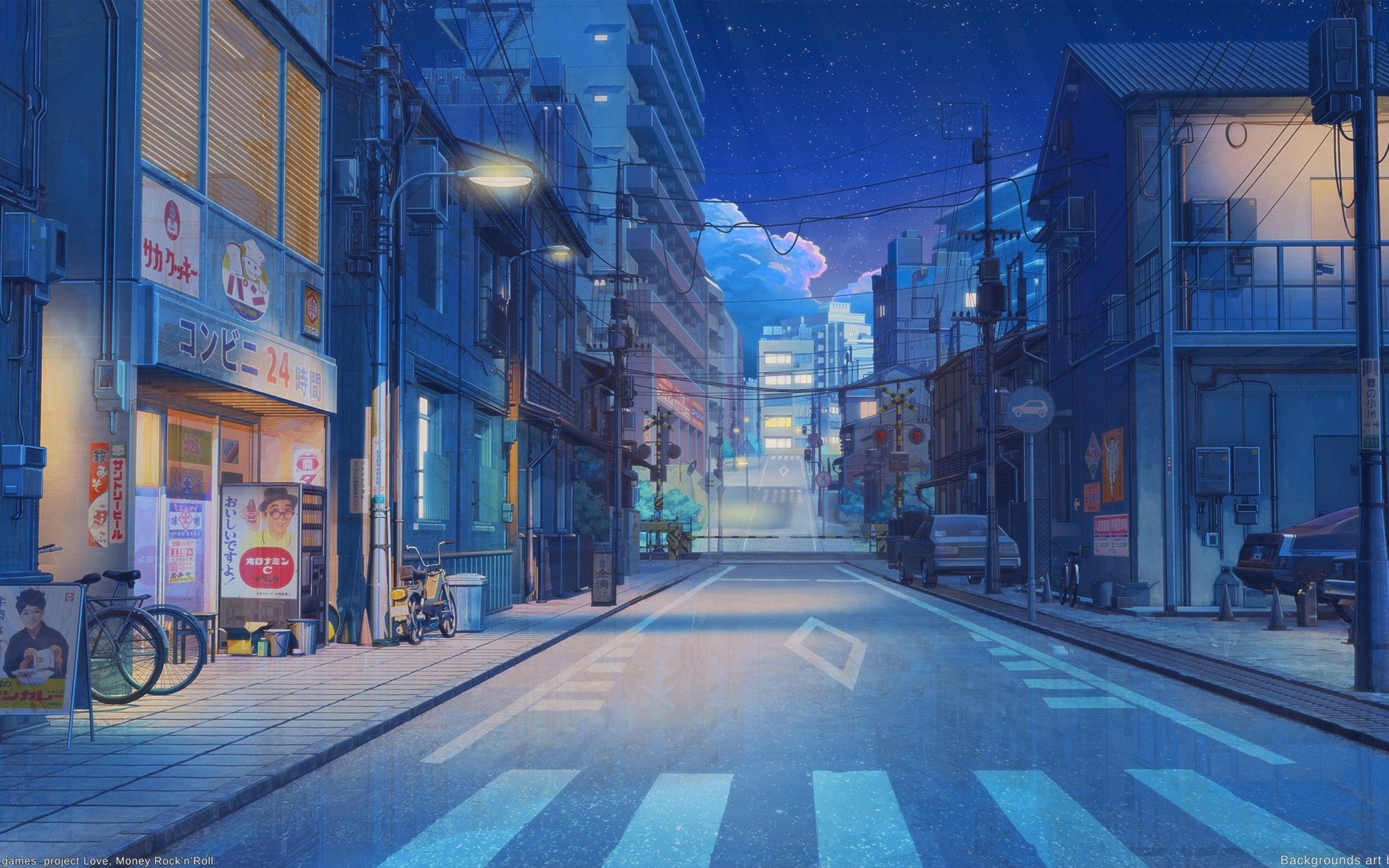 Download 2560x1600 Anime Street, Road, Buildings, Scenery, Night