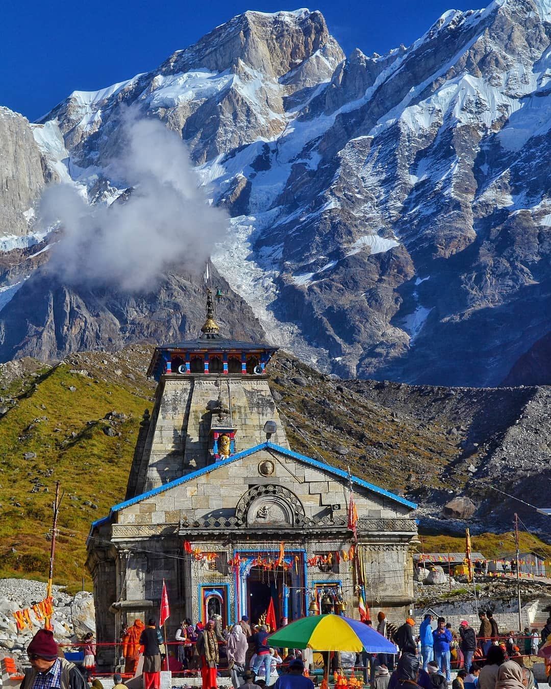 In the picture, Kedarnath Temple and the main peak in