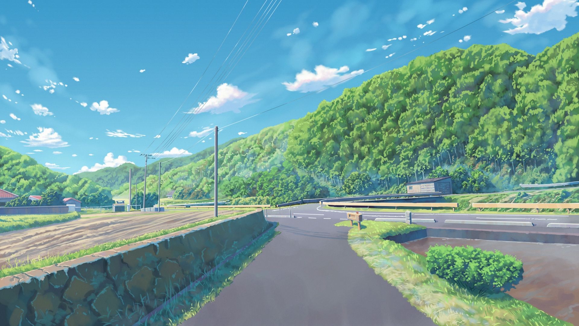 Download 1920x1080 Anime Landscape, Road, Trees, Sky, Clouds