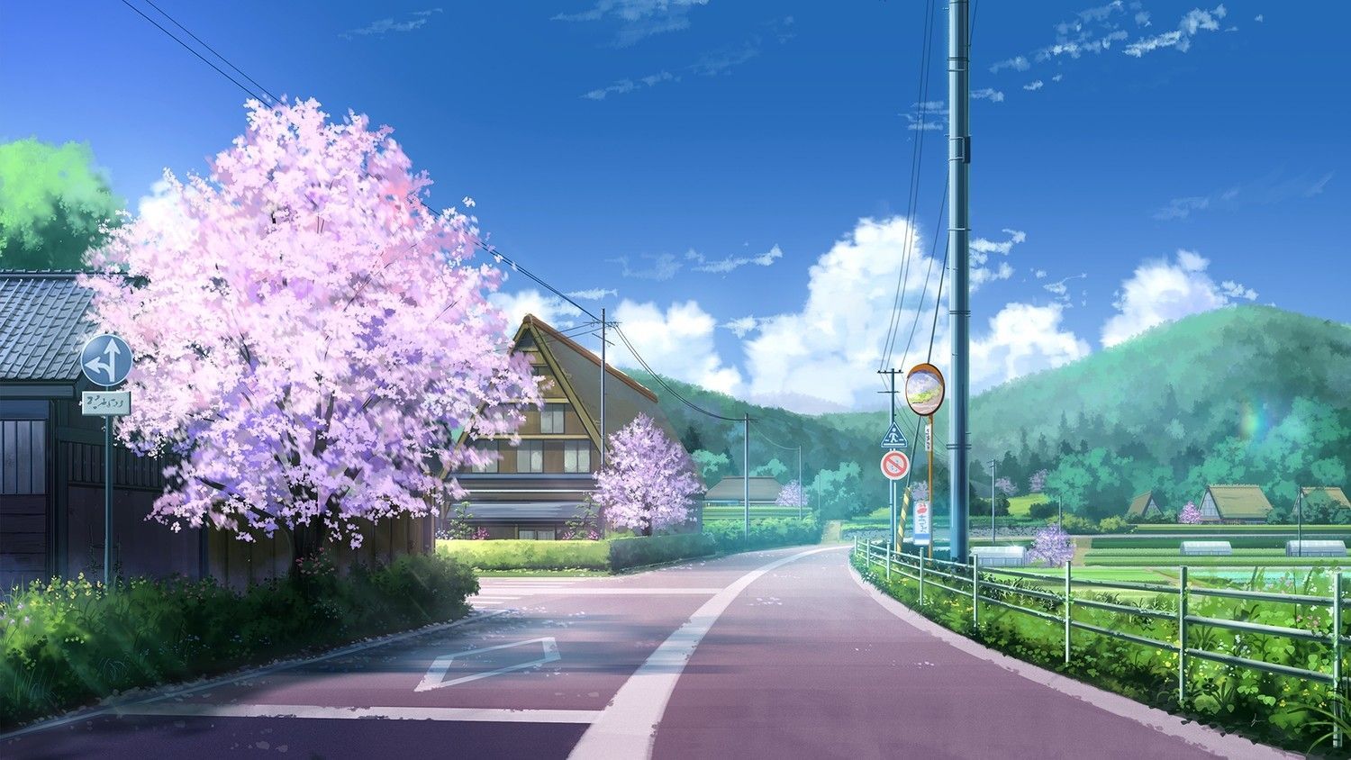 road clouds cherry blossom landscape. アニメの風景, 風景の壁紙