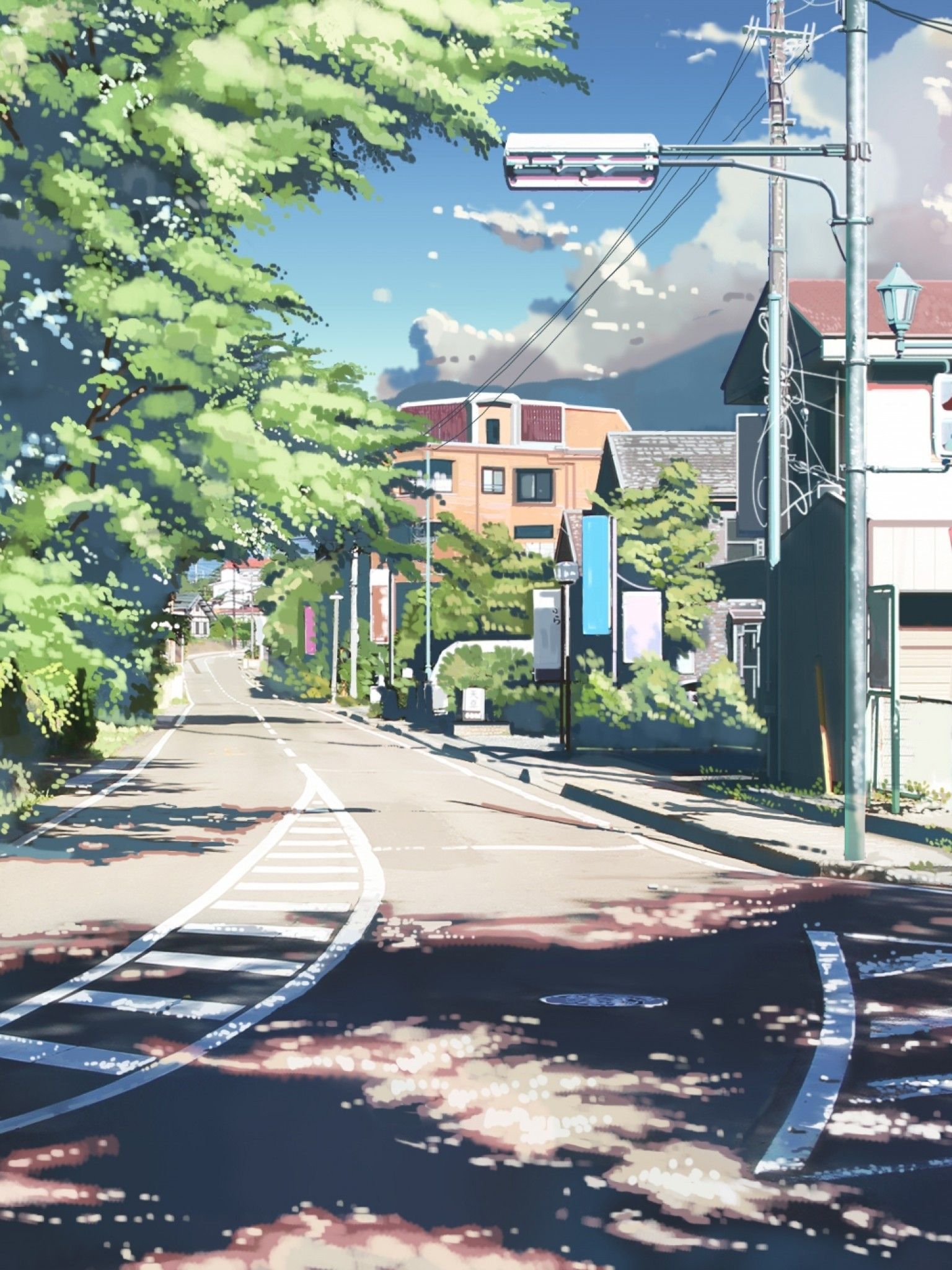 Download 1536x2048 Anime Landscape, Road, Buildings, Trees