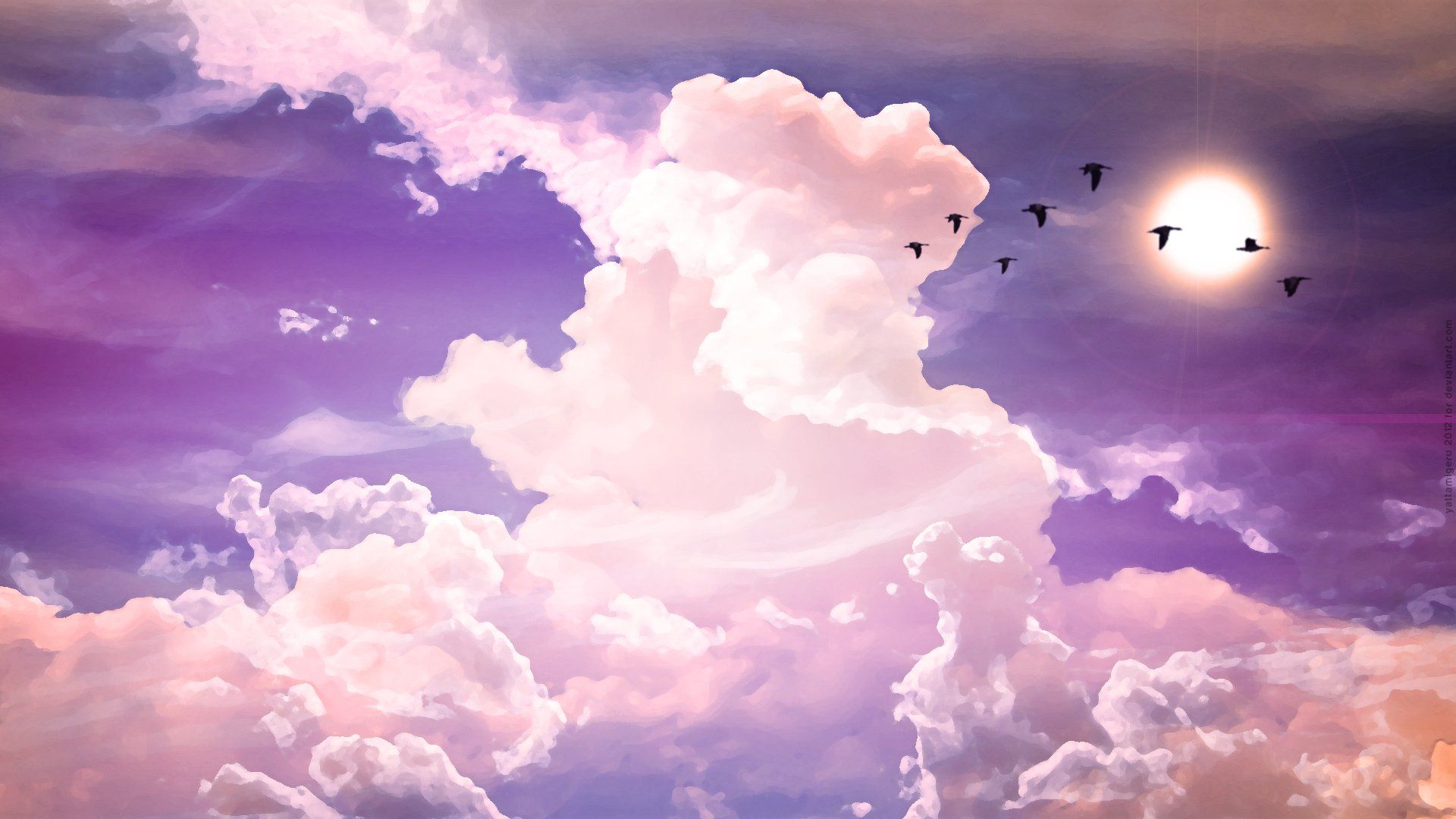 Birds Flying by White Puffy Clouds HD Wallpaper. Background Image