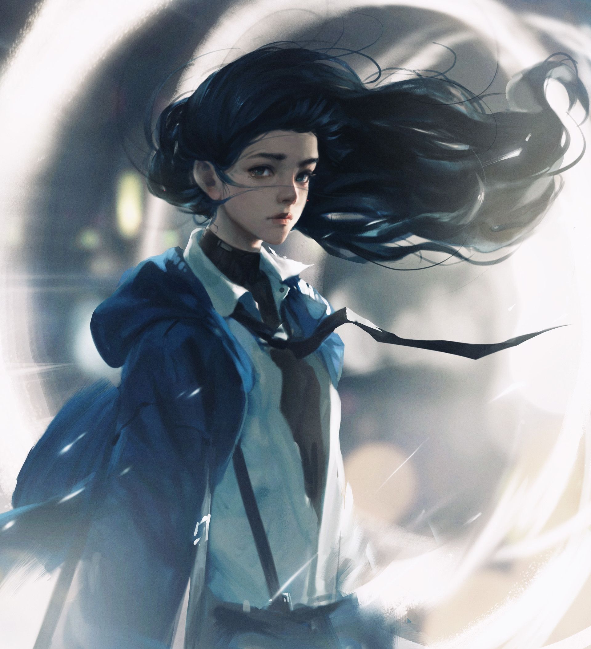 Download 1920x2107 Anime Girl, Wind, Long Hair, Semi Realistic