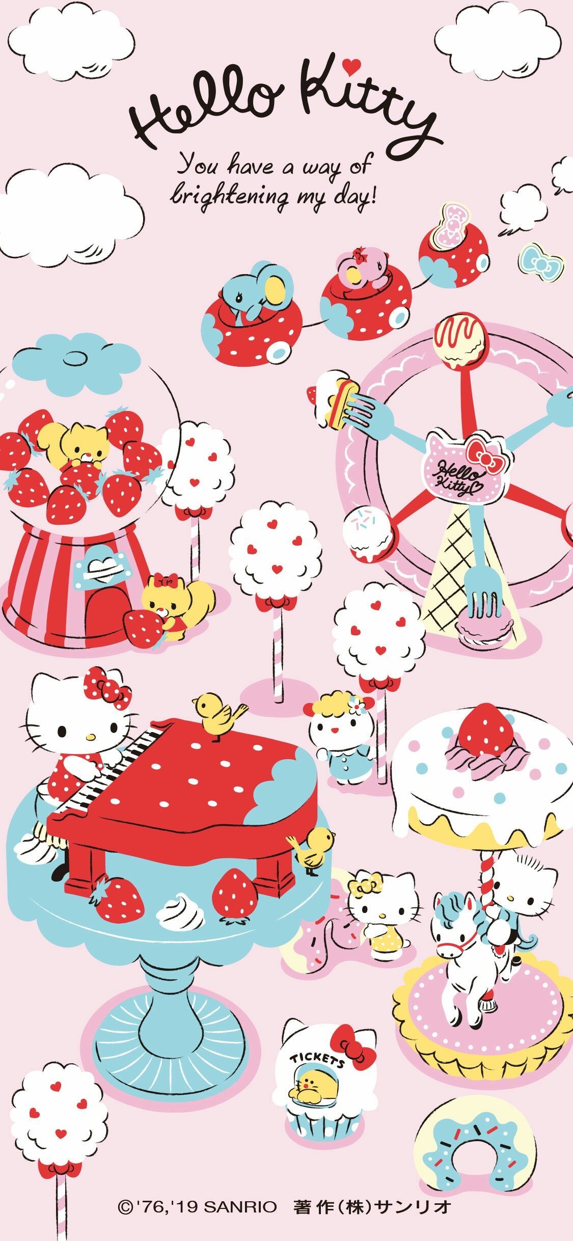 Hello Kitty Ichigo(Strawberry) theme phone wallpaper for iPhone X. Source: sanrio.co.j. Hello kitty wallpaper, Hello kitty phone wallpaper, Wallpaper iphone cute