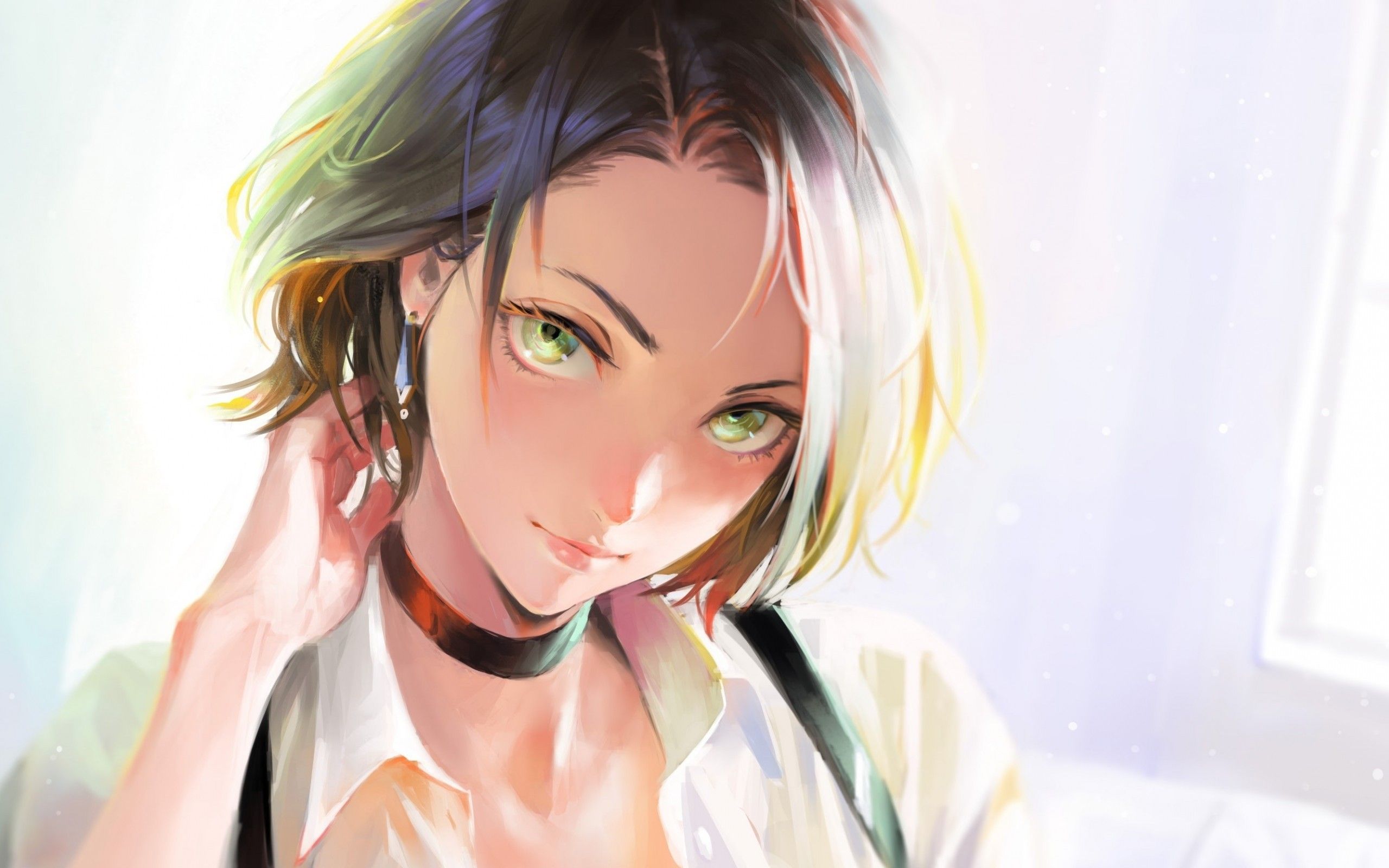 Download 2560x1600 Attractive Anime Girl, Short Hair, Green Eyes