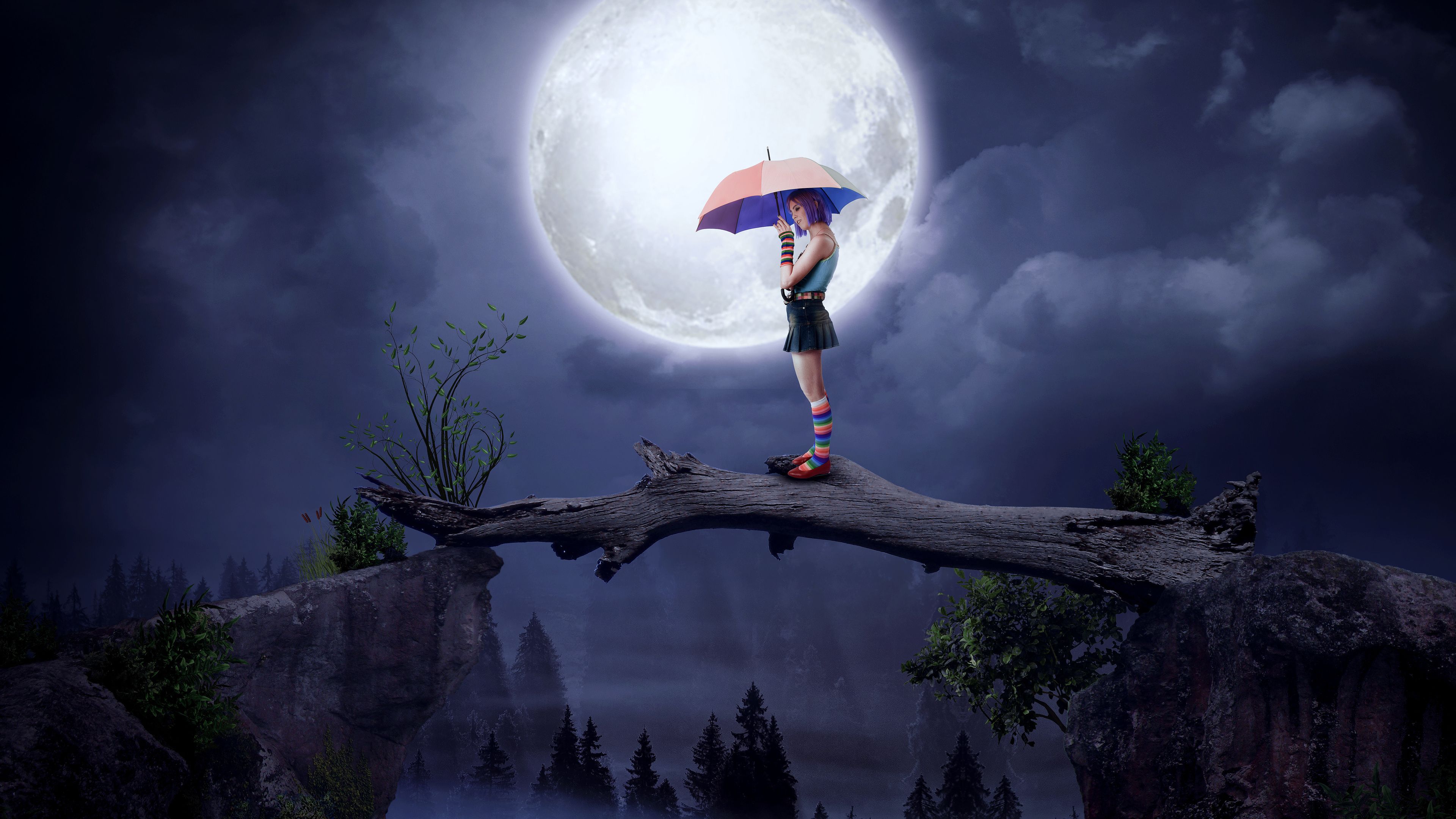 Wallpaper 4k Girl With Umbrella Big Moon Digital Art 4k 4k