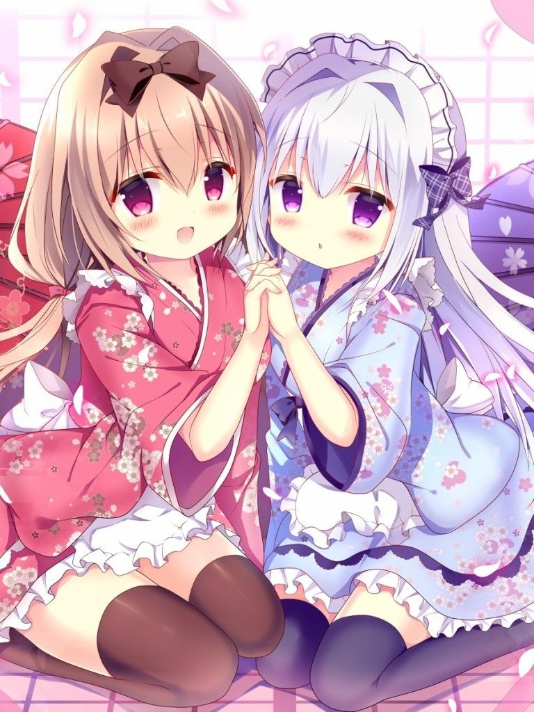 Download 768x1024 Cute Anime Girls, Kimono, Friends, Smiling, Long