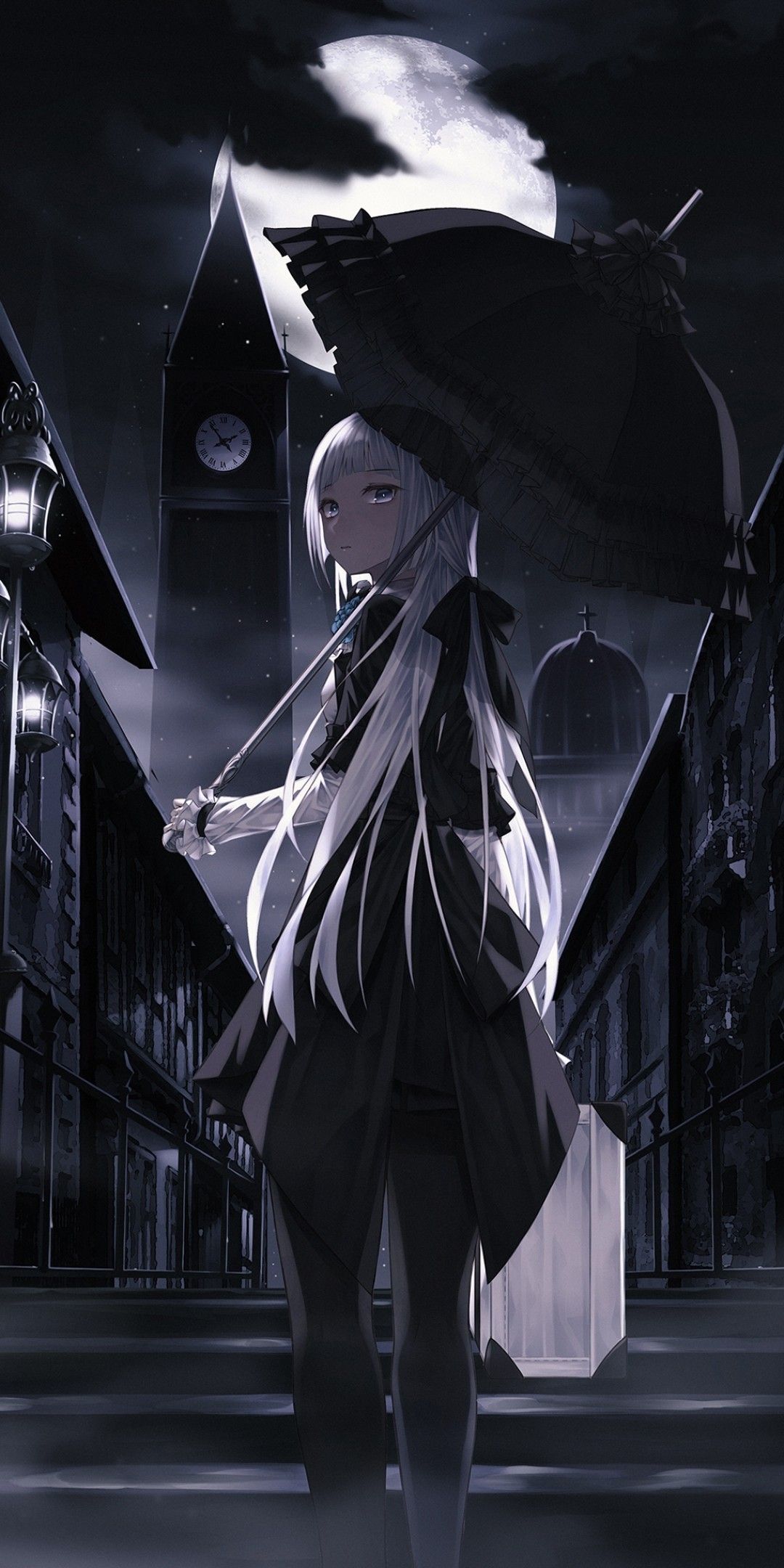 Download 1080x2160 Anime Girl, Umbrella, Dark, White Hair
