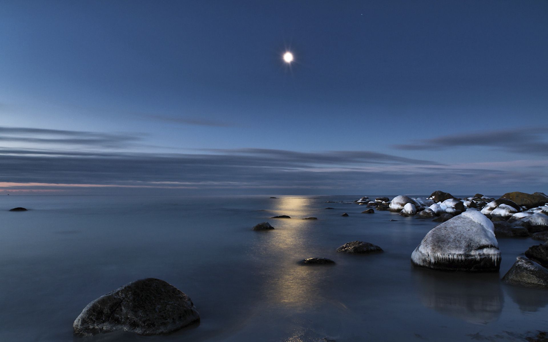 water, Reflection, Light, Moon, Rocks, Sea Wallpaper HD / Desktop and Mobile Background