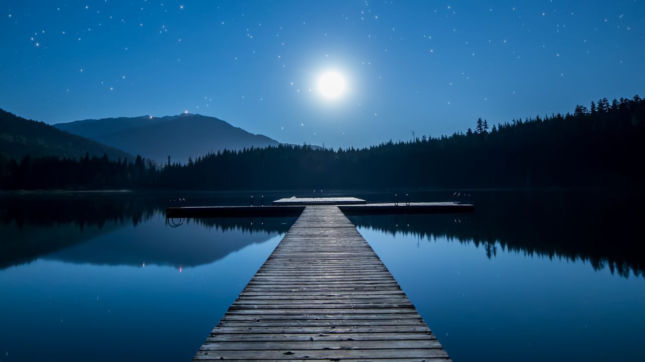 Wallpaper Lake, Dock, Moon, Mountains, Reflections, Nightscape, Moonlight, Stars, Nature,. Wallpaper for iPhone, Android, Mobile and Desktop