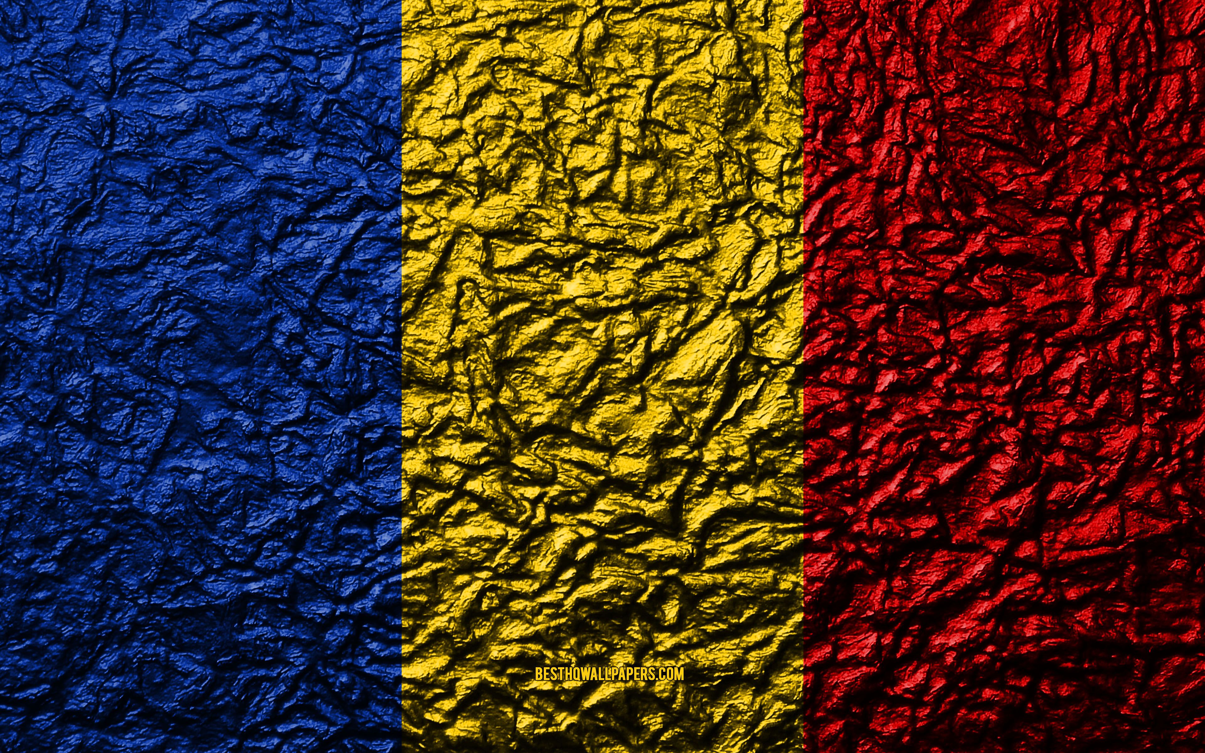 Download wallpaper Flag of Romania, 4k, stone texture, waves texture, Romanian flag, national symbol, Romania, Europe, stone background for desktop with resolution 3840x2400. High Quality HD picture wallpaper