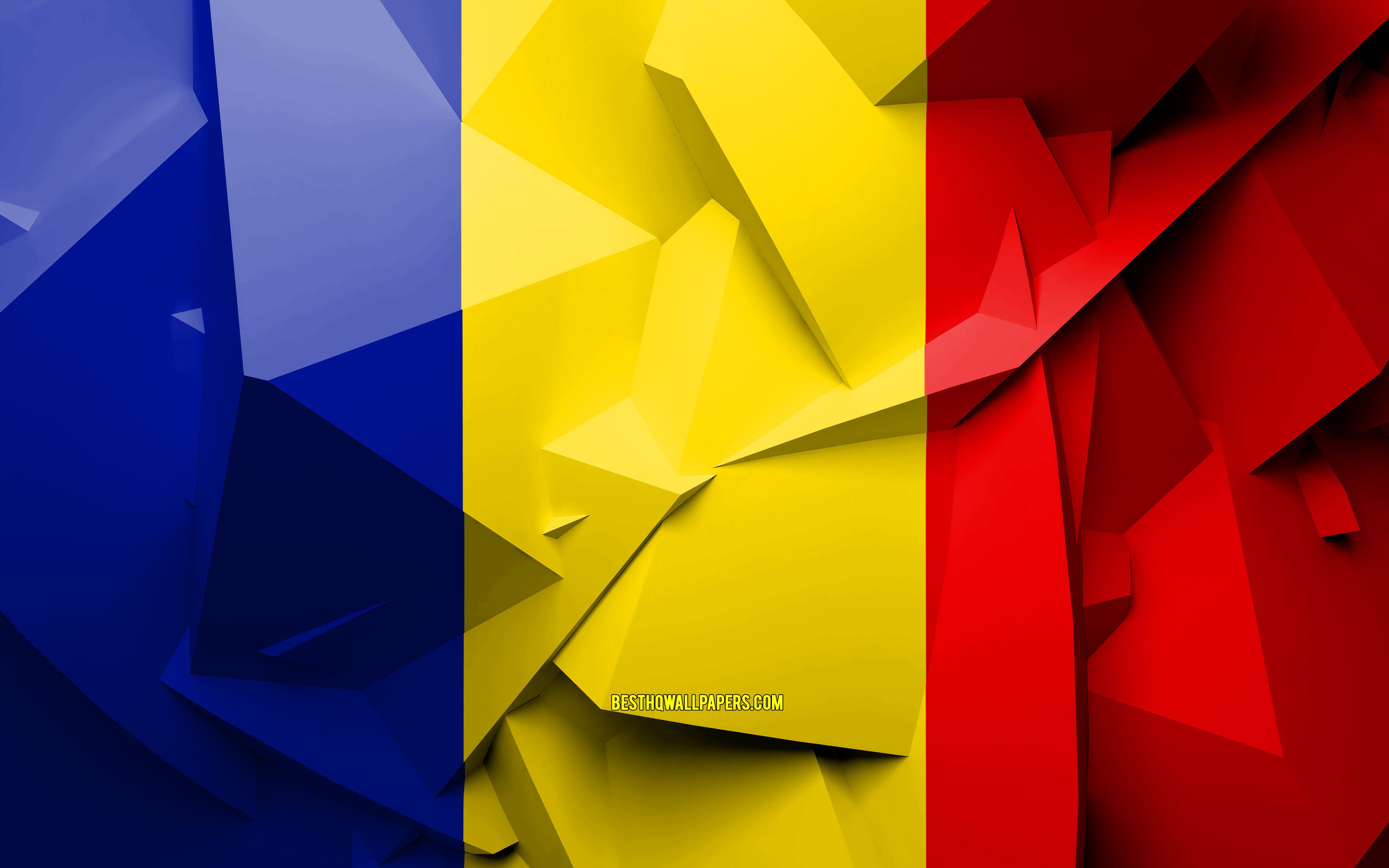 Download wallpaper 4k, Flag of Romania, geometric art, European countries, Romanian flag, creative, Romania, Europe, Romania 3D flag, national symbols for desktop with resolution 3840x2400. High Quality HD picture wallpaper