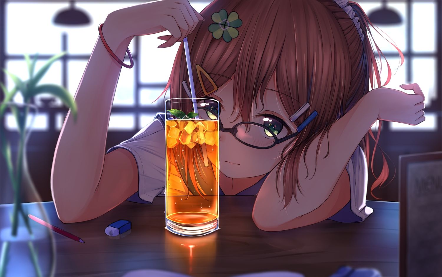 brown hair close dark drink enuni glasses green eyes original